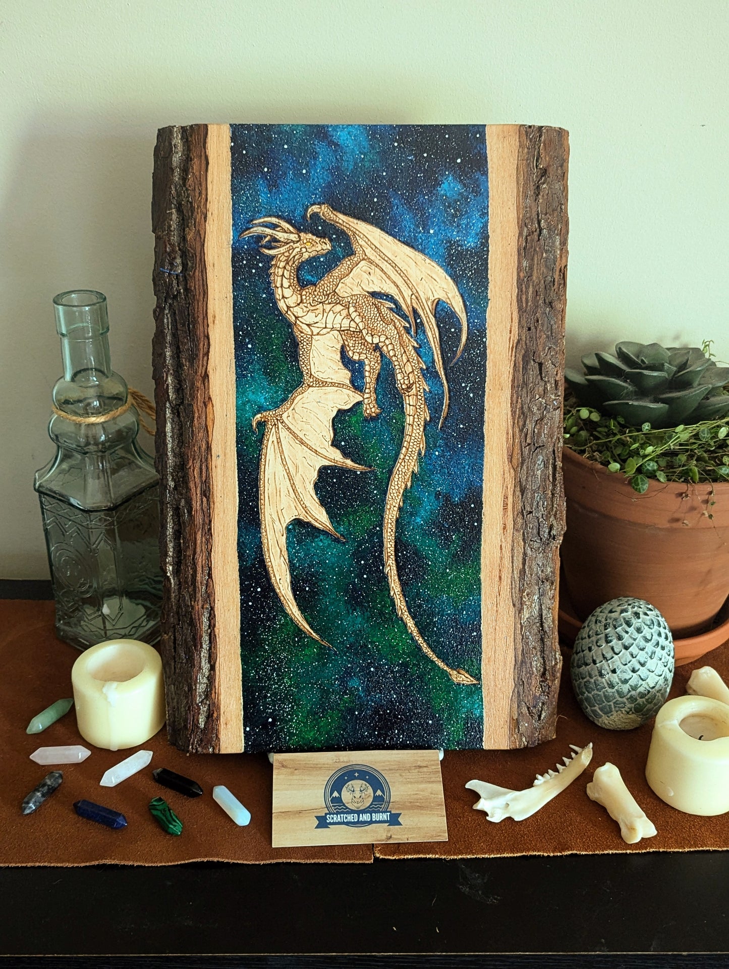 'Celestial Dragon Flight' Pyrography with Acrylics on Wood, Desk/Wall Art