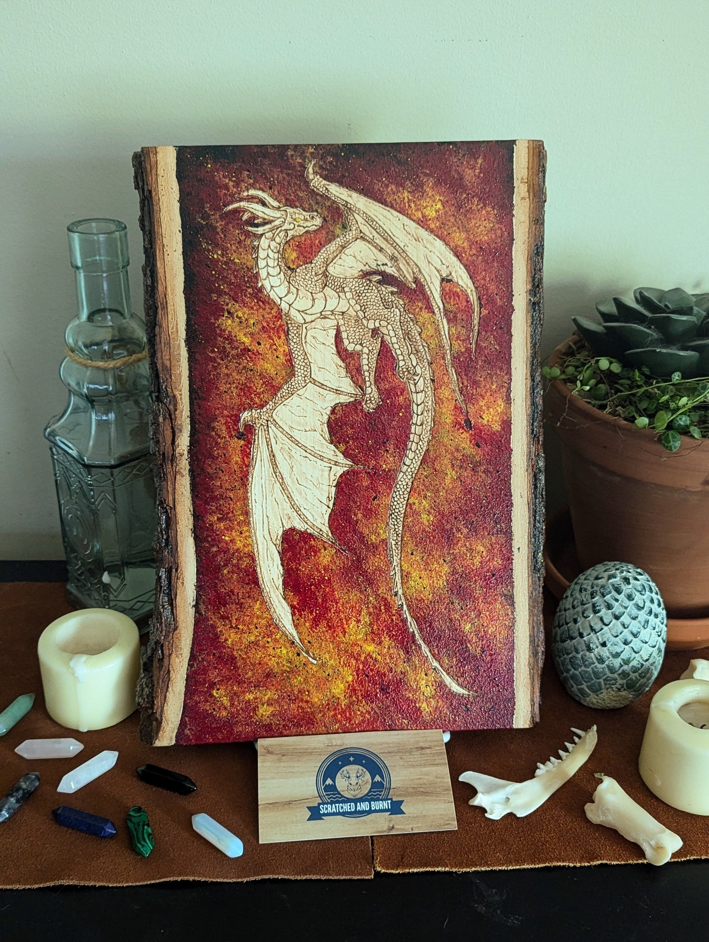 'Dragon's Fire' Pyrography with Acrylics on Wood Desk/Wall Art