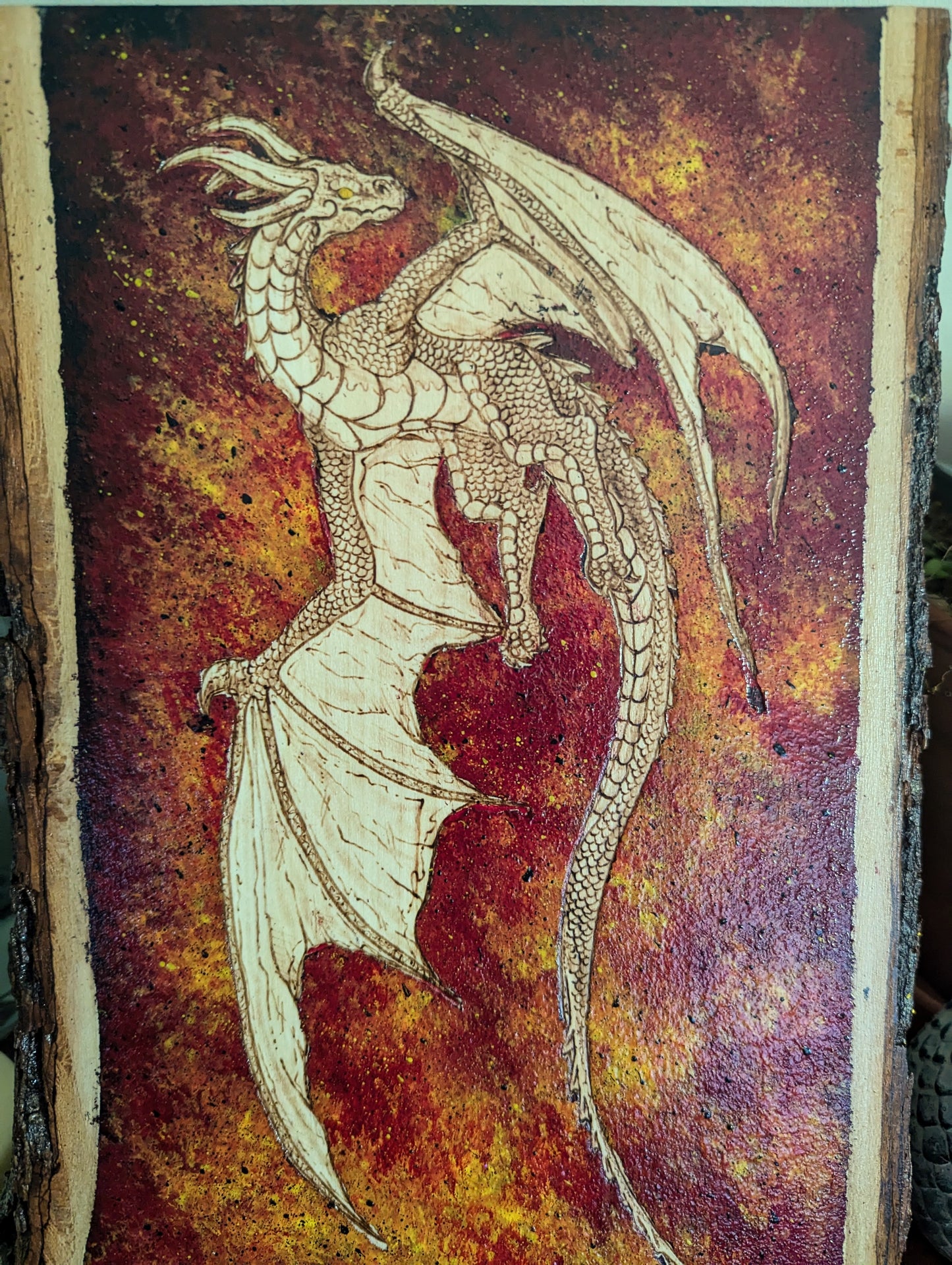 'Dragon's Fire' Pyrography with Acrylics on Wood Desk/Wall Art