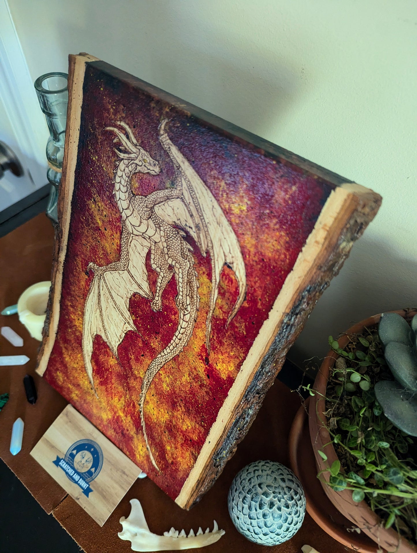 'Dragon's Fire' Pyrography with Acrylics on Wood Desk/Wall Art