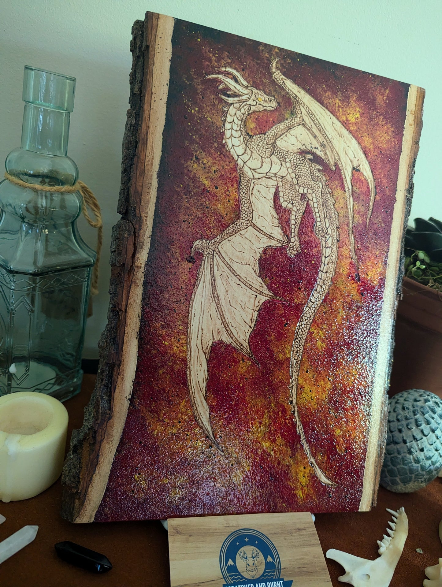 'Dragon's Fire' Pyrography with Acrylics on Wood Desk/Wall Art