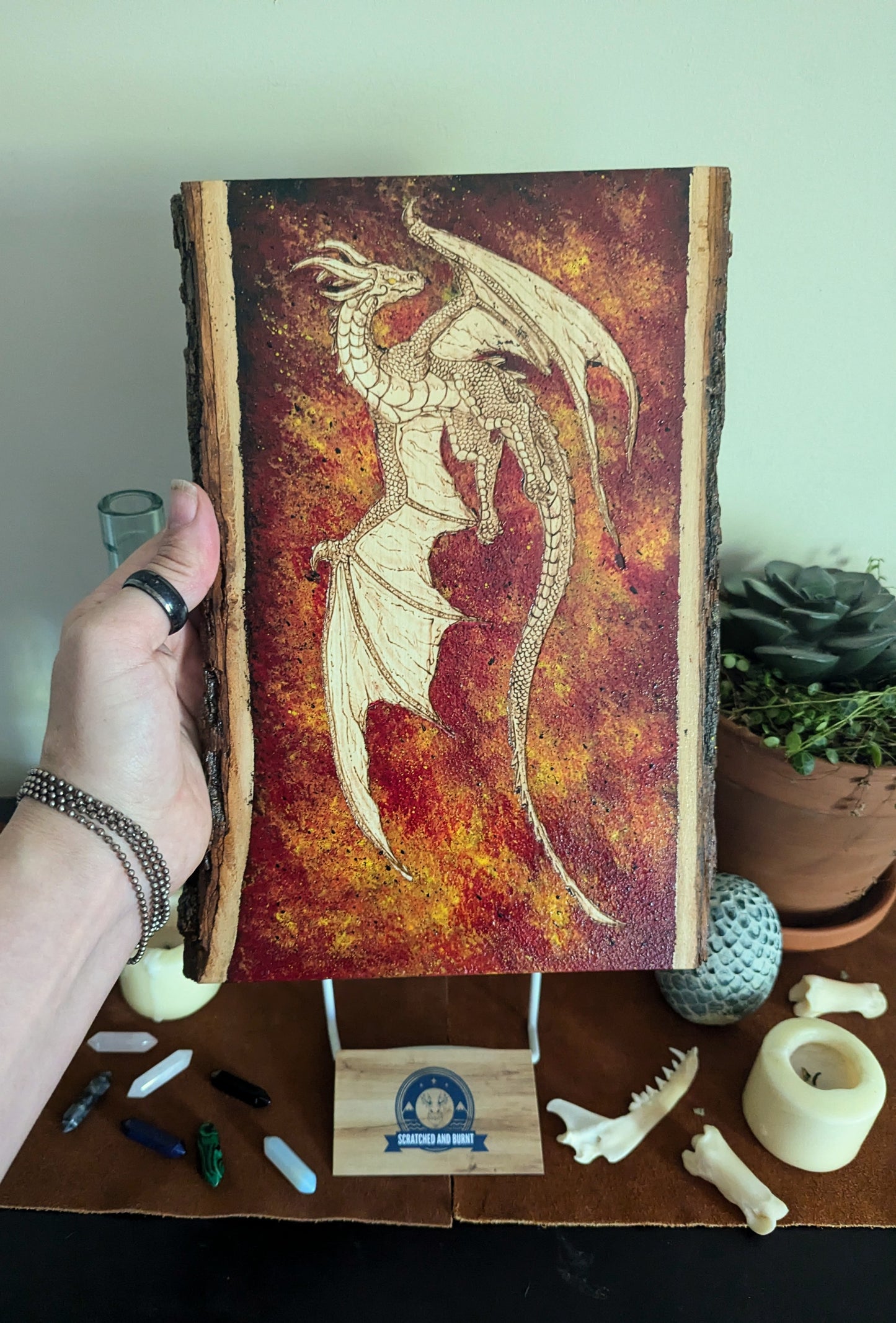'Dragon's Fire' Pyrography with Acrylics on Wood Desk/Wall Art