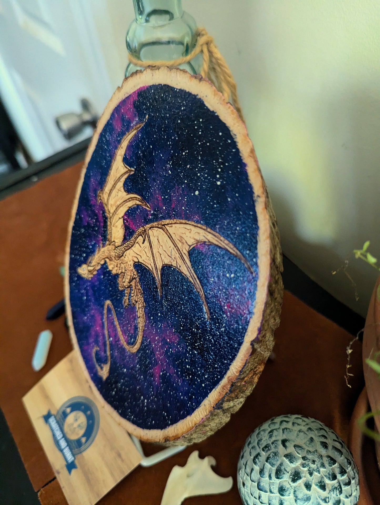 'Celestial Dragon Flight' Pyrography with Acrylics on Wood, Desk/Wall Art