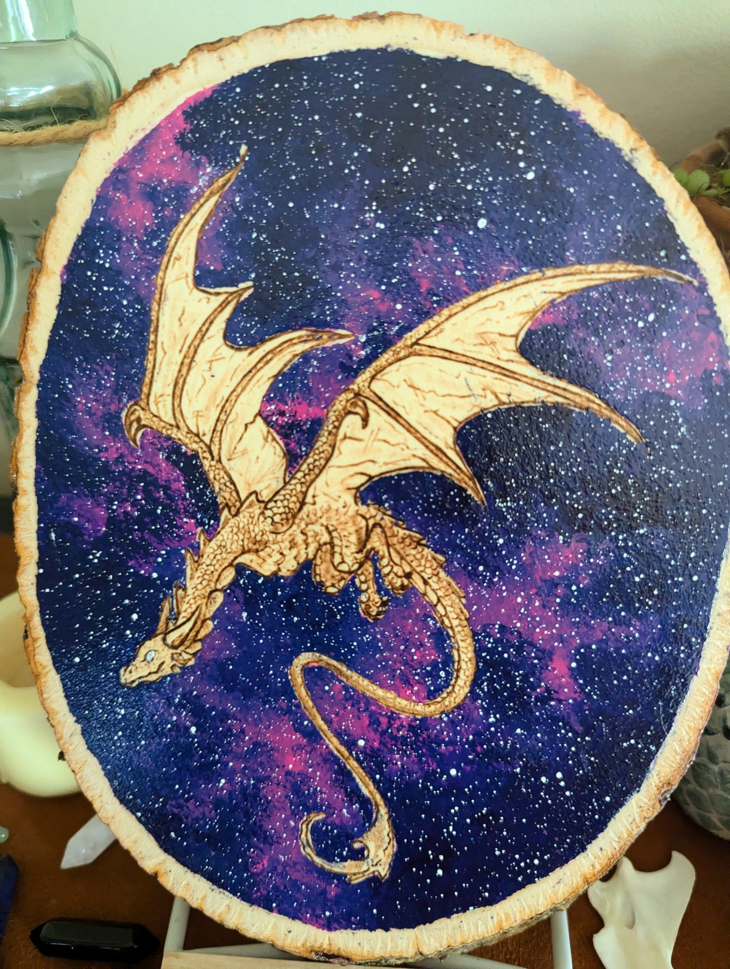 'Celestial Dragon Flight' Pyrography with Acrylics on Wood, Desk/Wall Art