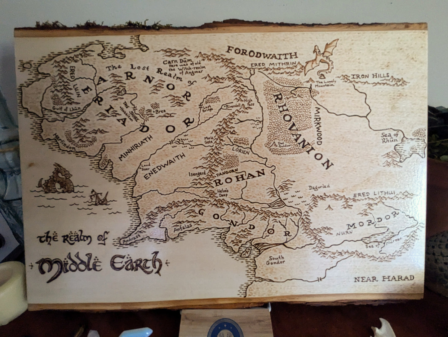 'The Realm of Middle Earth' Map, Pyrography Map Desk/Wall Art Large