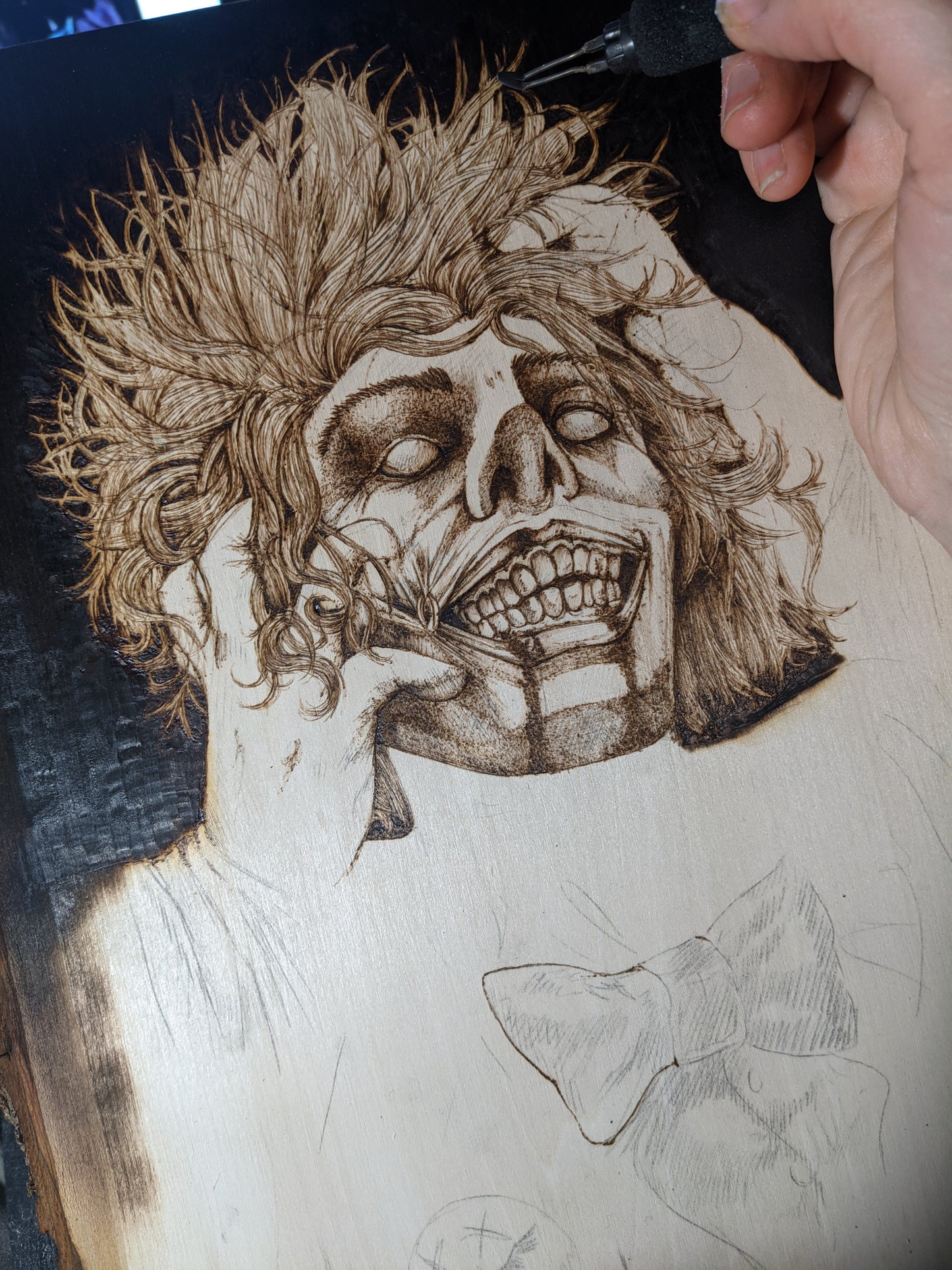 Laughing Joker, Custom Piece, Pyrography with Colored Accents on Basswood