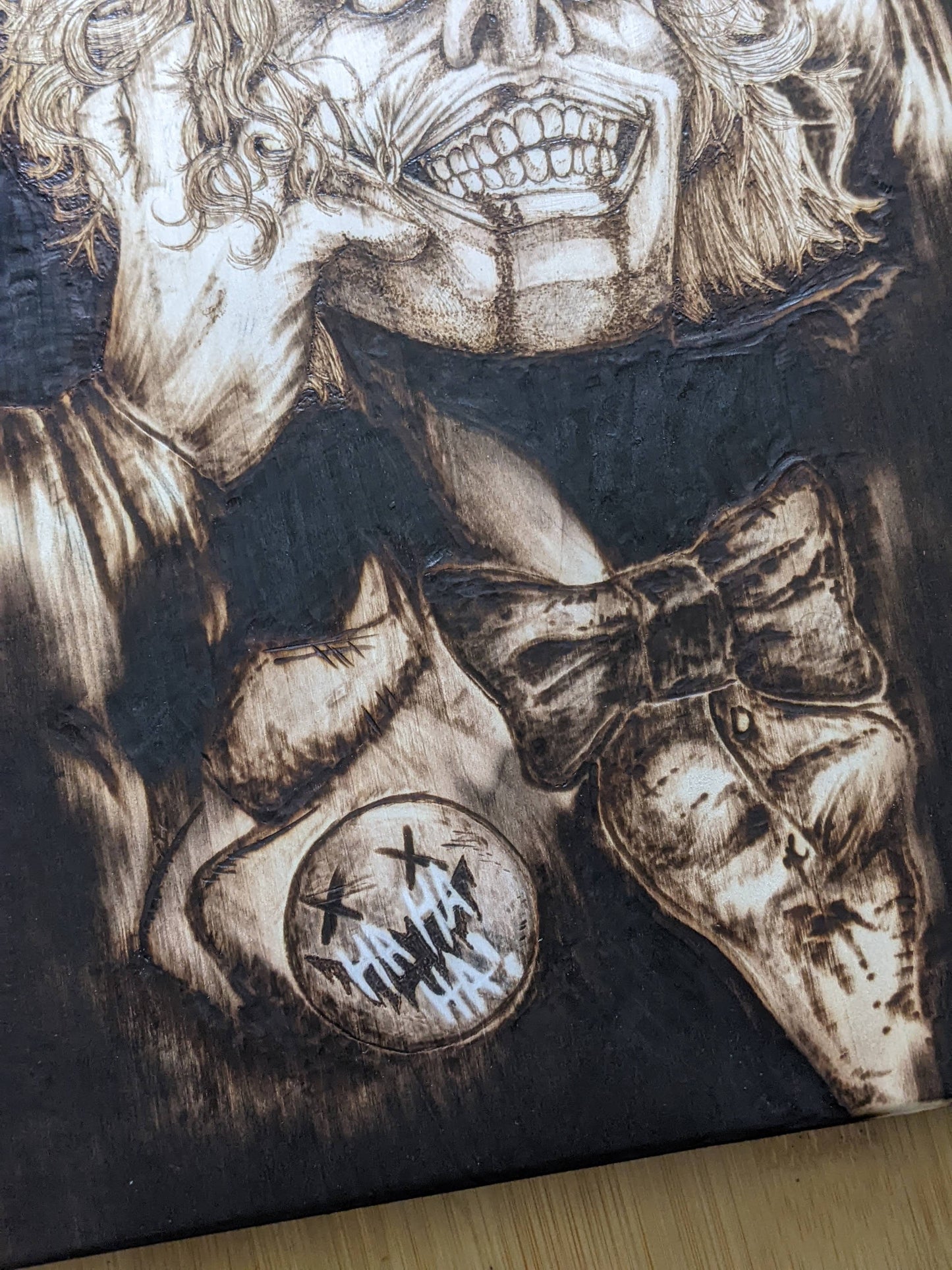 Laughing Joker, Custom Piece, Pyrography with Colored Accents on Basswood