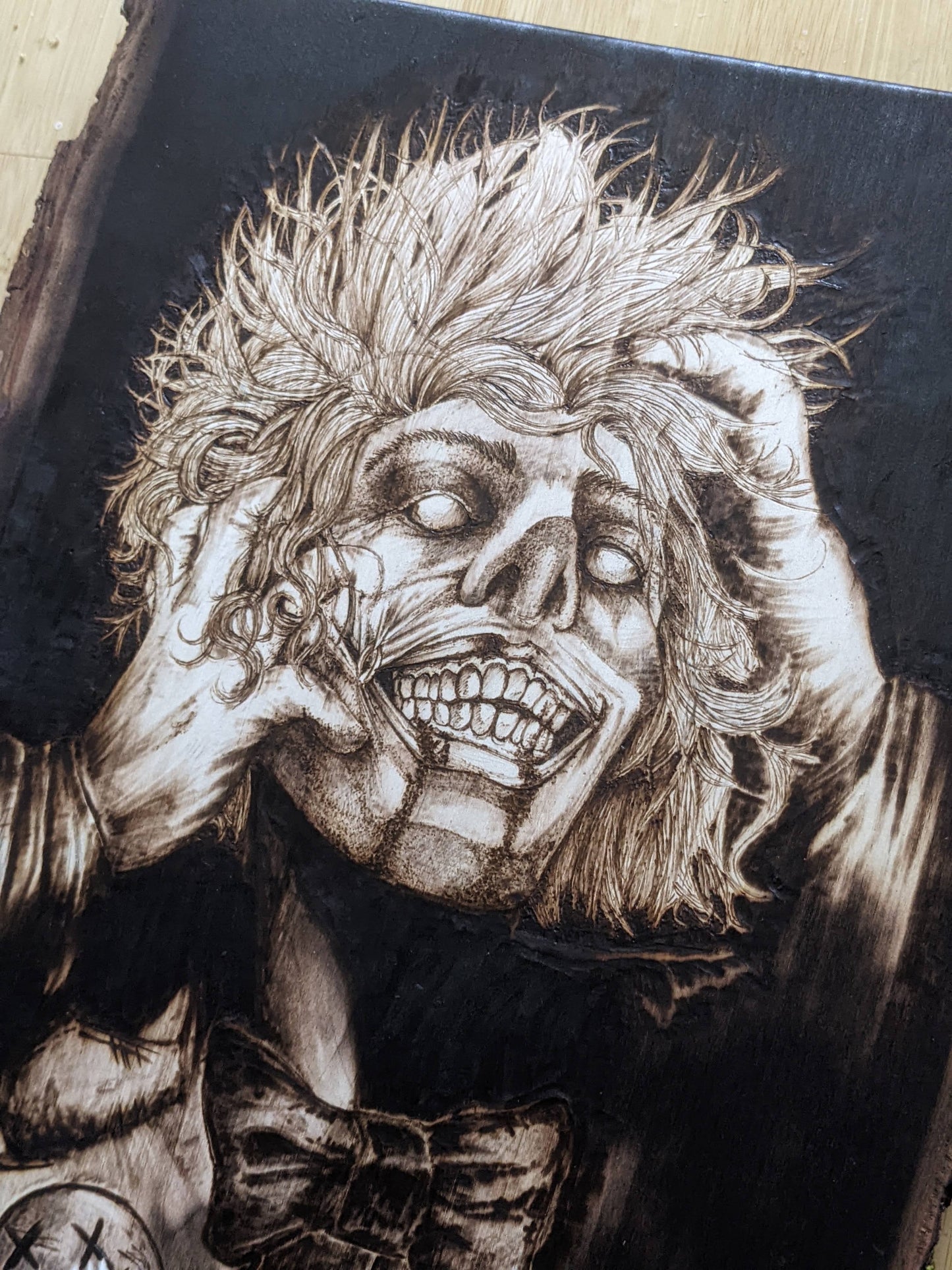 Laughing Joker, Custom Piece, Pyrography with Colored Accents on Basswood