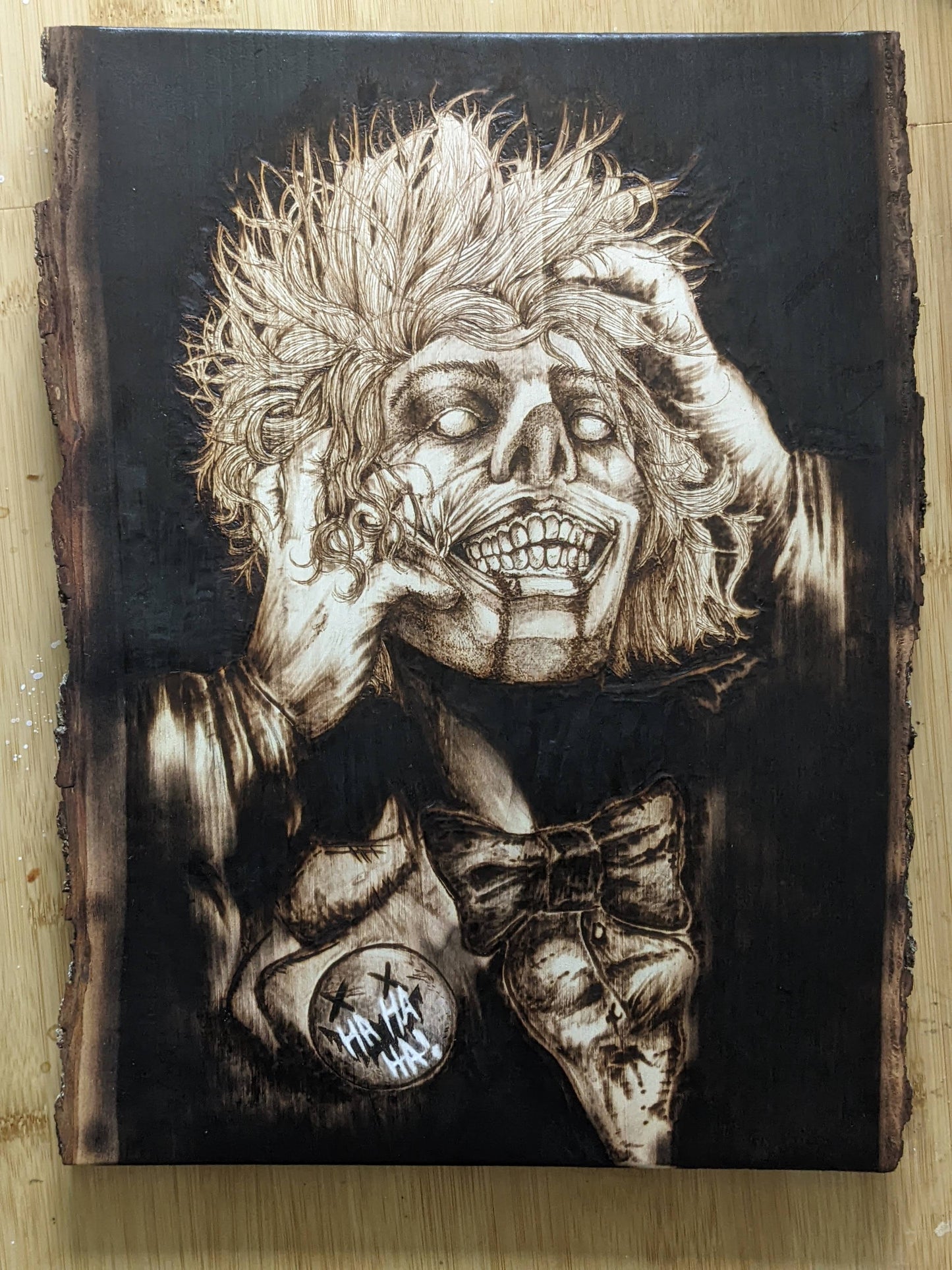 Laughing Joker, Custom Piece, Pyrography with Colored Accents on Basswood