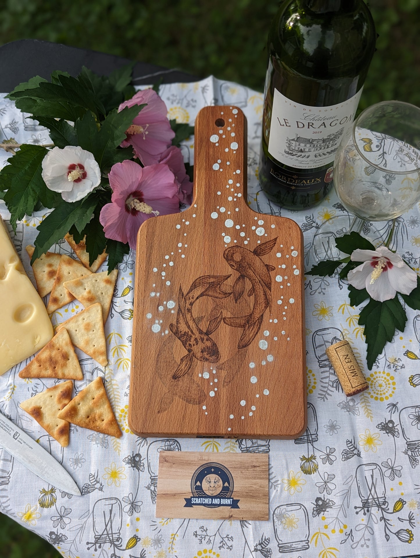 Swimming Koi Fish Wooden Cutting Board Art