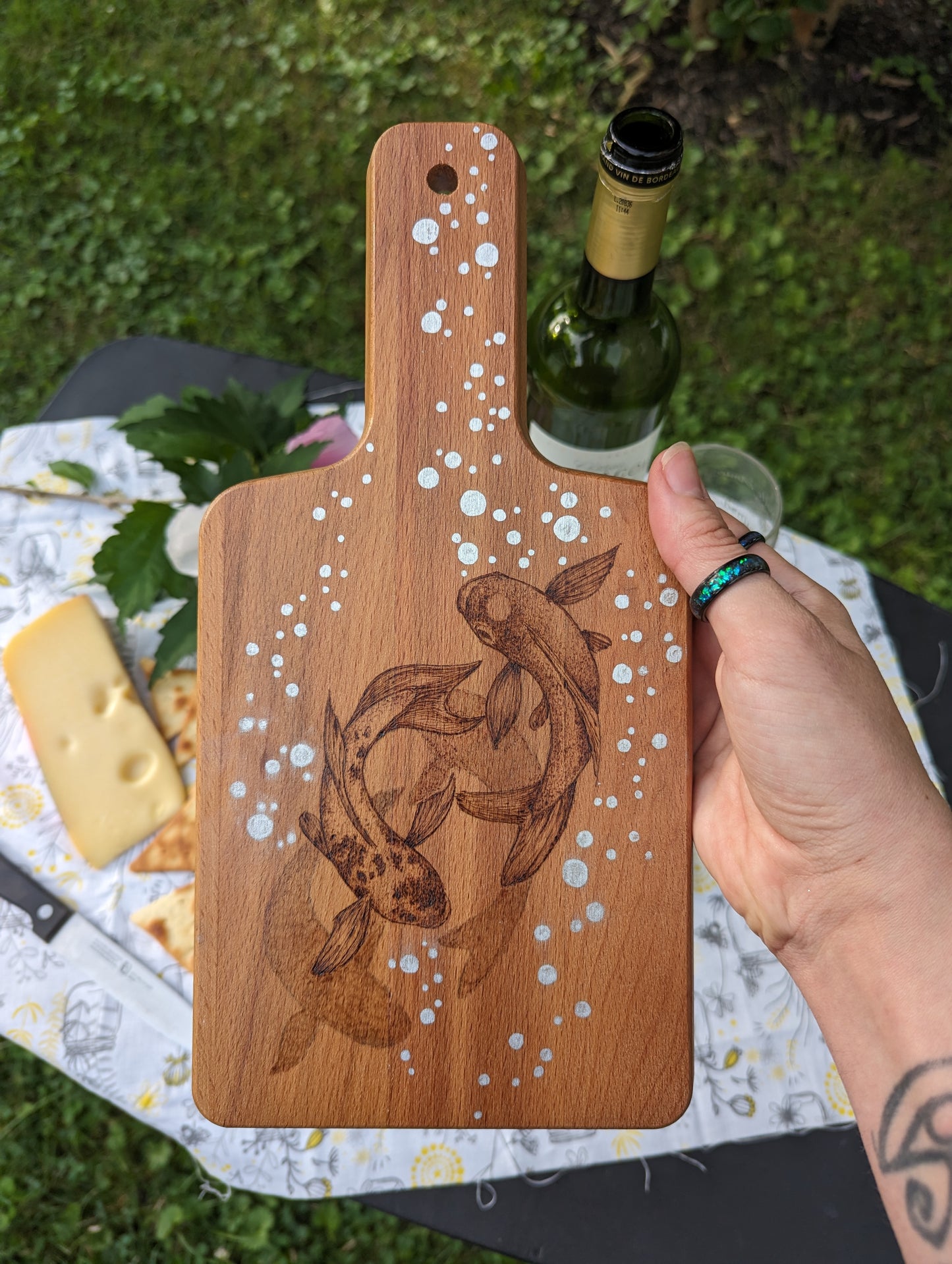 Swimming Koi Fish Wooden Cutting Board Art