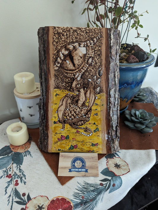 Baby Dragon Hatching on a Pile of Gold Pyrography and Watercolors Wall/ Desk Art
