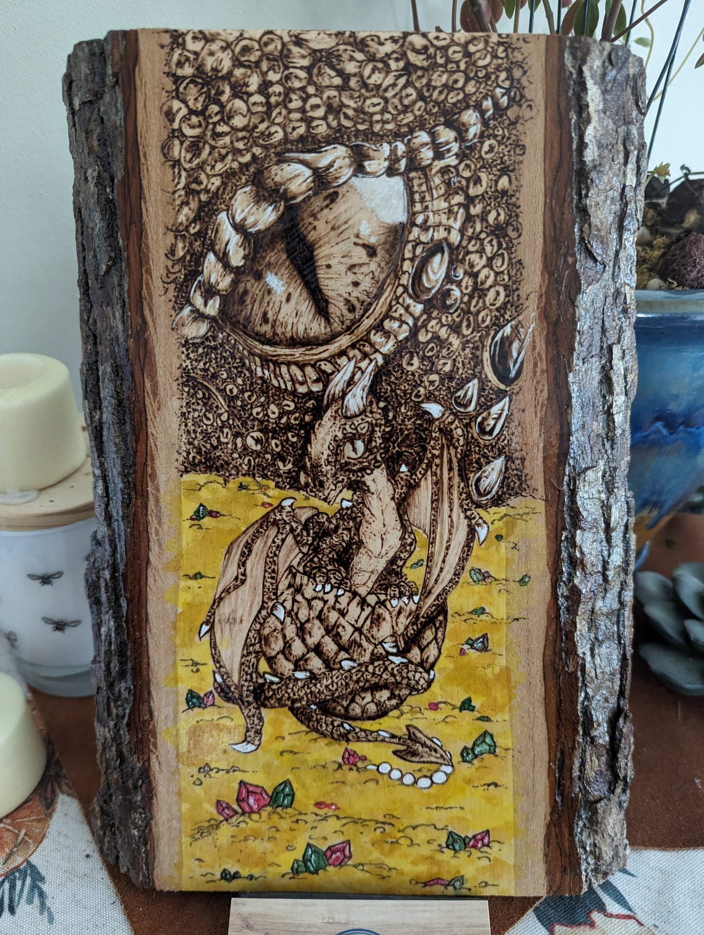 Baby Dragon Hatching on a Pile of Gold Pyrography and Watercolors Wall/ Desk Art