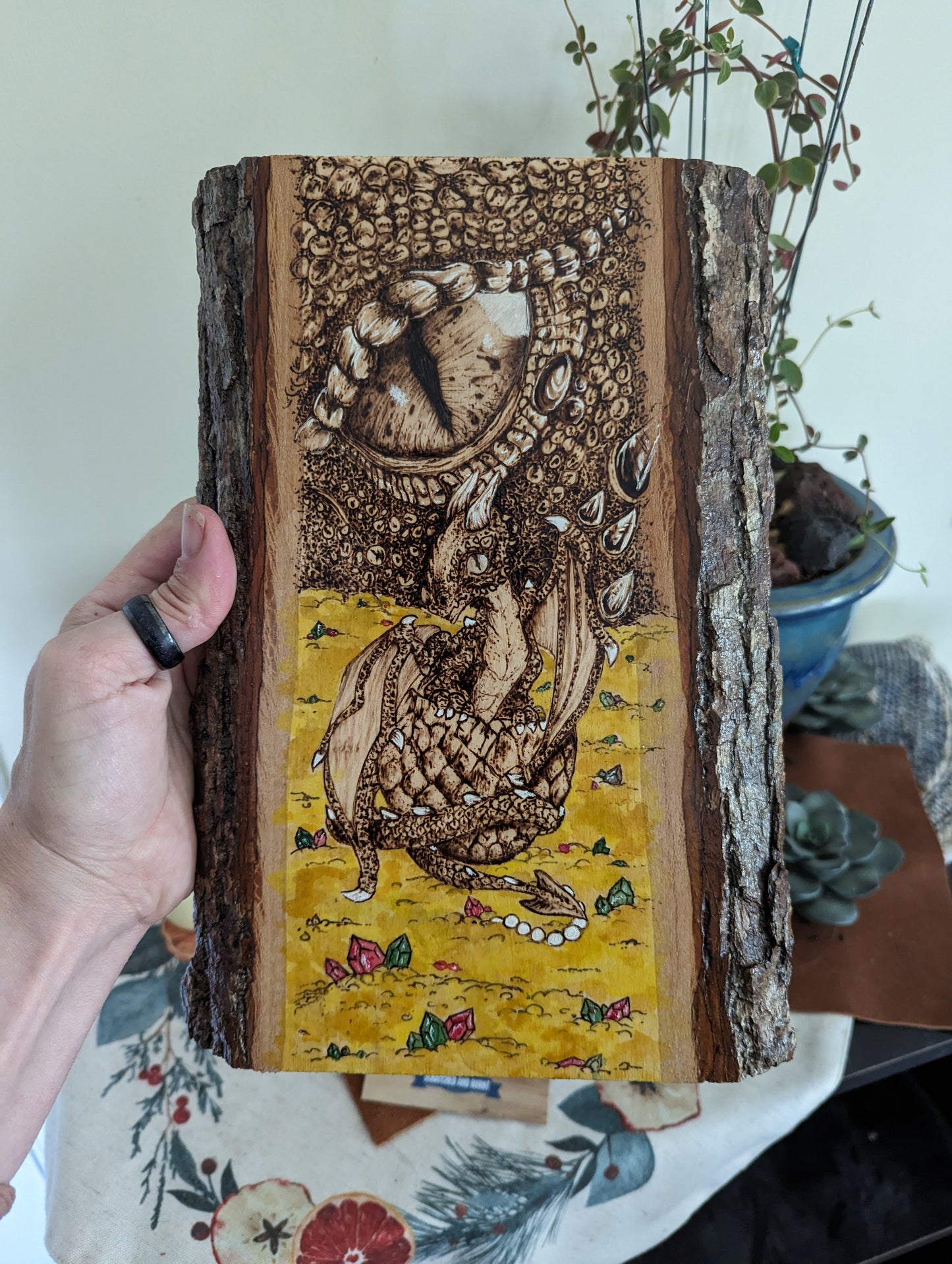 Baby Dragon Hatching on a Pile of Gold Pyrography and Watercolors Wall/ Desk Art
