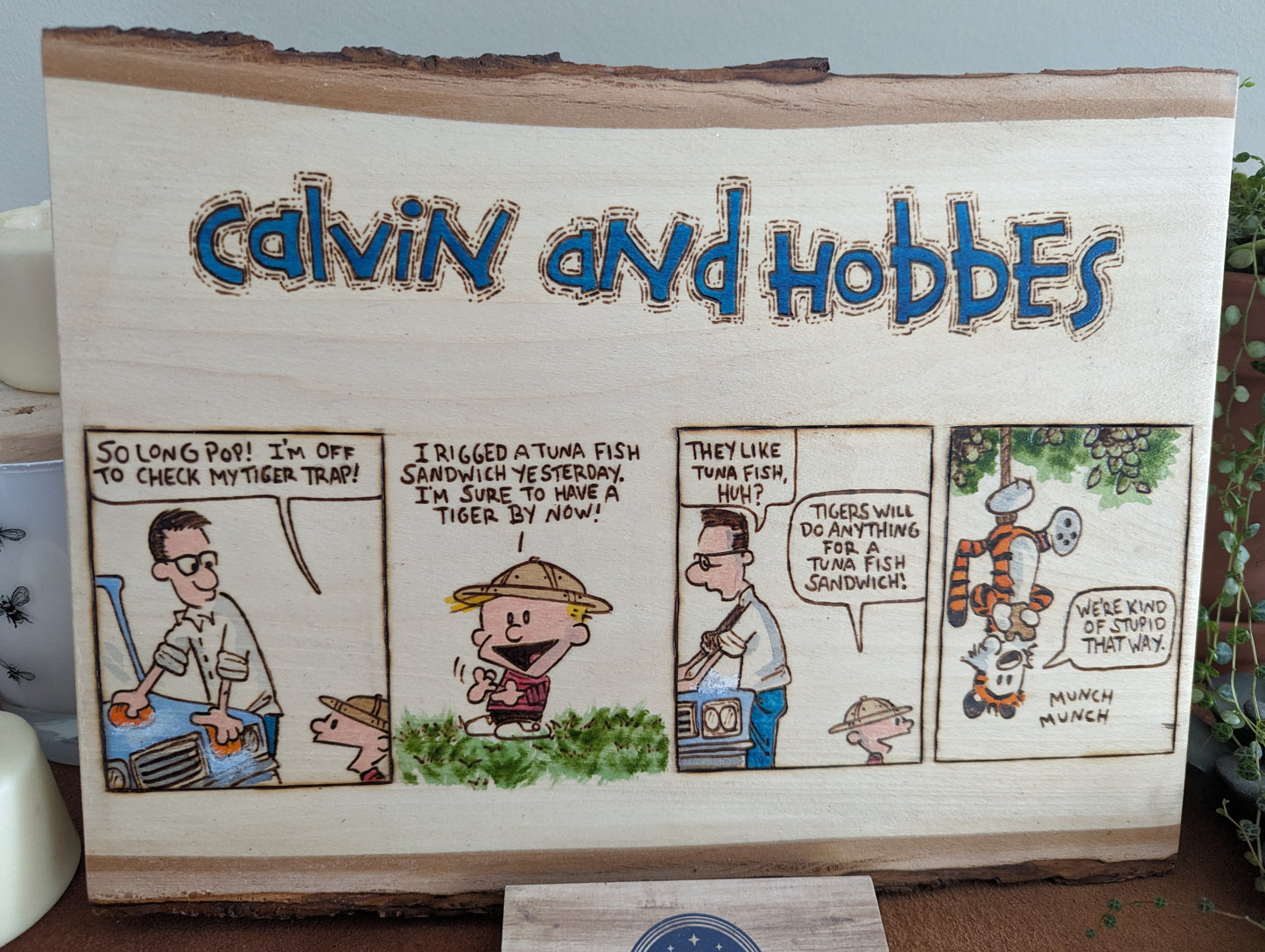 Calvin and Hobbes 'Catching a Tiger' Pyrography on Wood Canvas