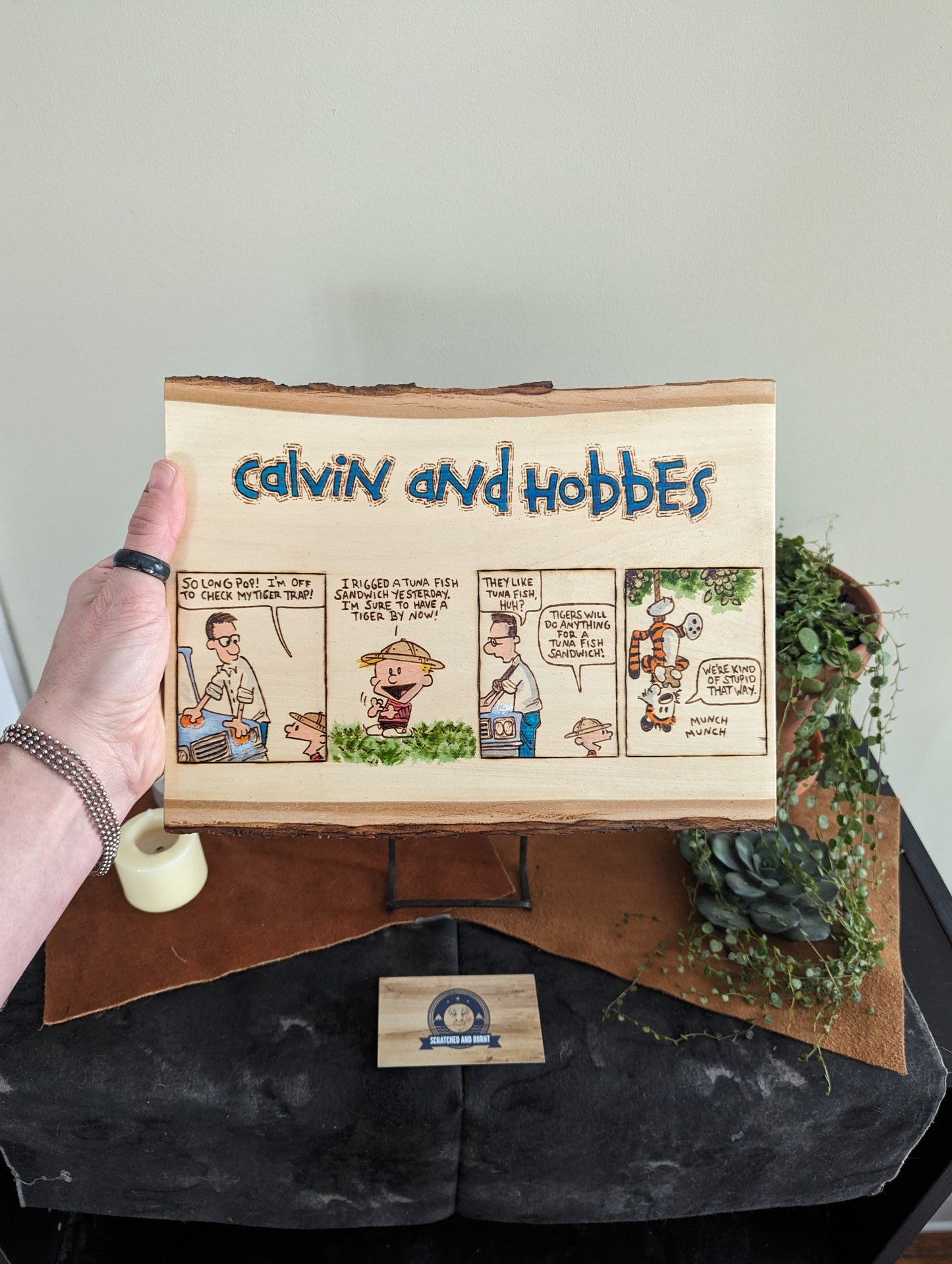 Calvin and Hobbes 'Catching a Tiger' Pyrography on Wood Canvas