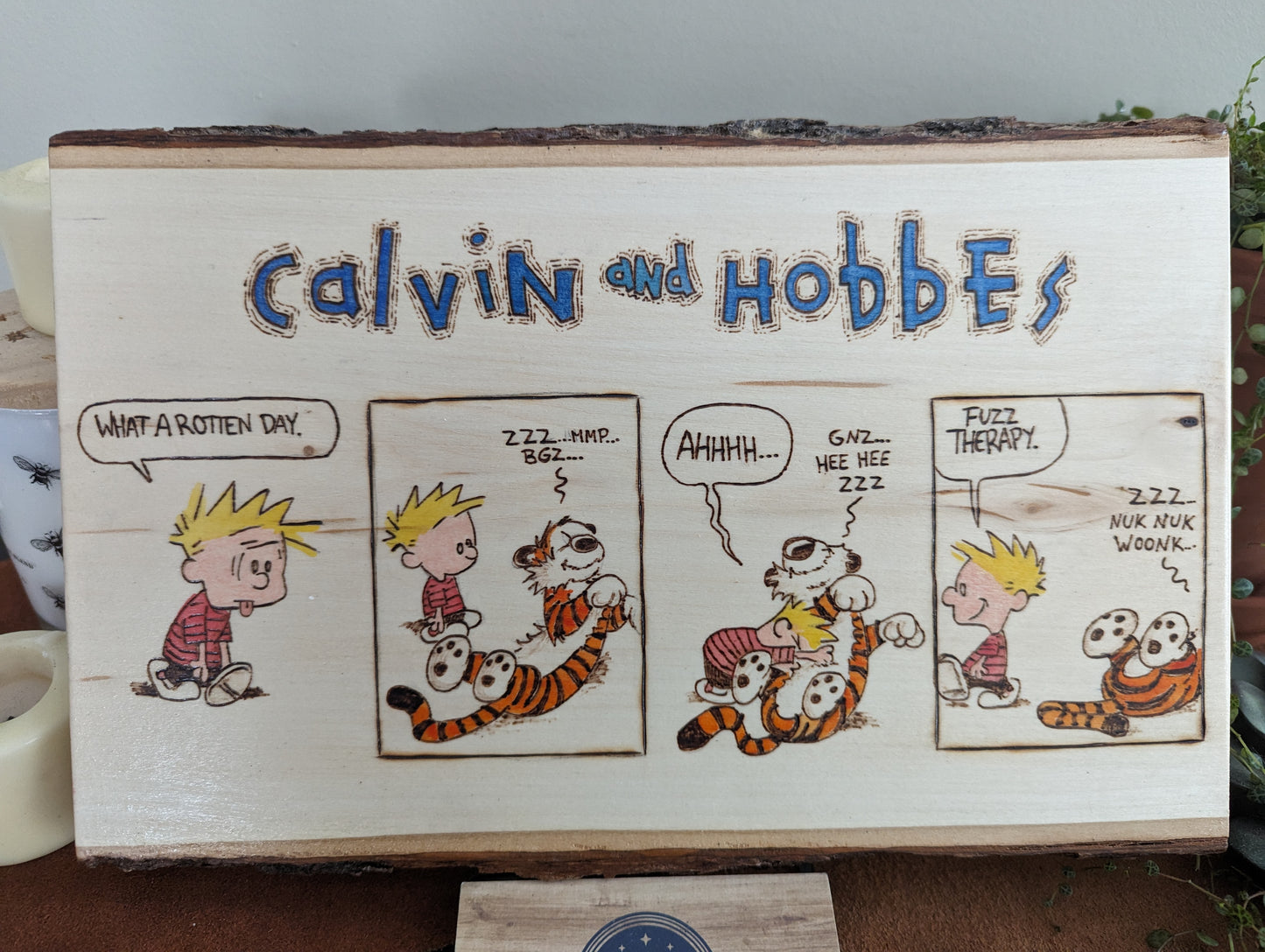 Calvin and Hobbes 'Fuzz Therapy' Pyrography on Wood Canvas