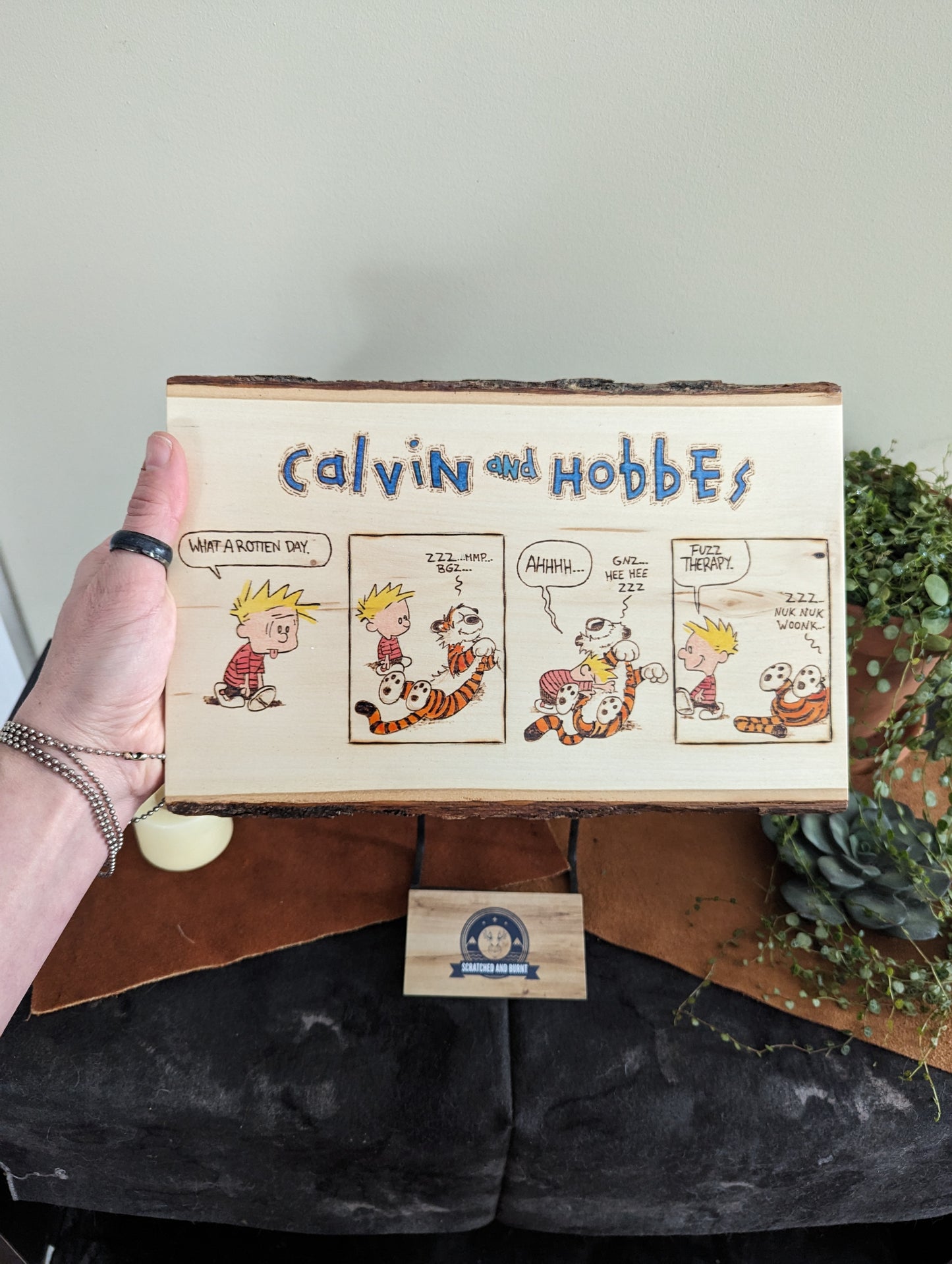 Calvin and Hobbes 'Fuzz Therapy' Pyrography on Wood Canvas