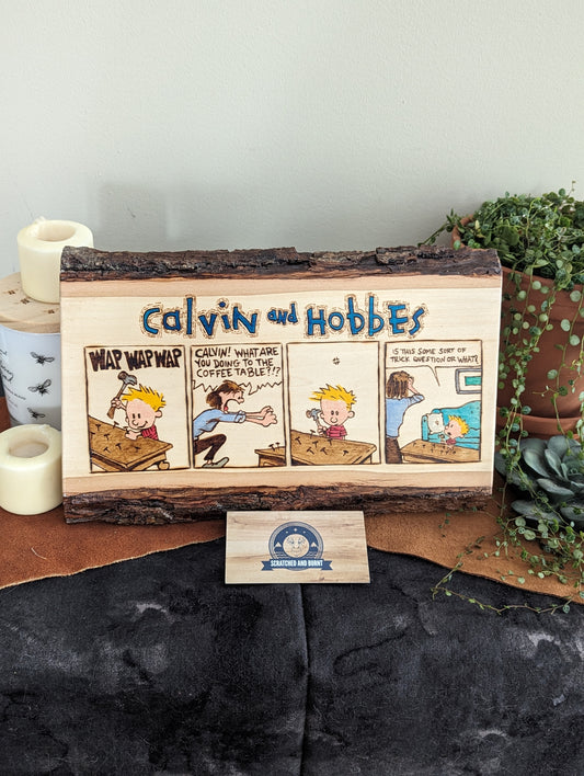 Calvin and Hobbes 'Is This A Trick Question?' Pyrography on Wood Canvas