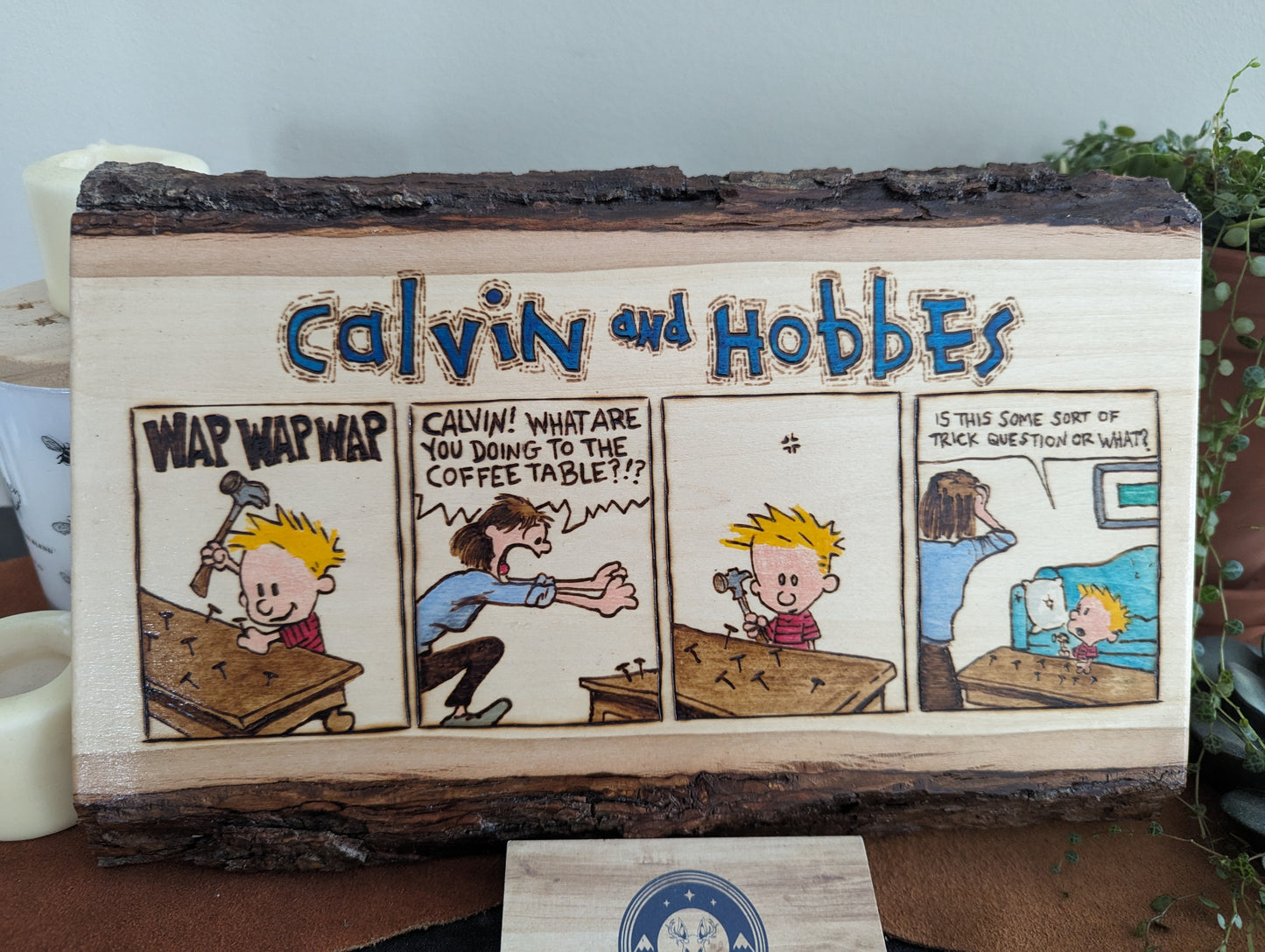 Calvin and Hobbes 'Is This A Trick Question?' Pyrography on Wood Canvas