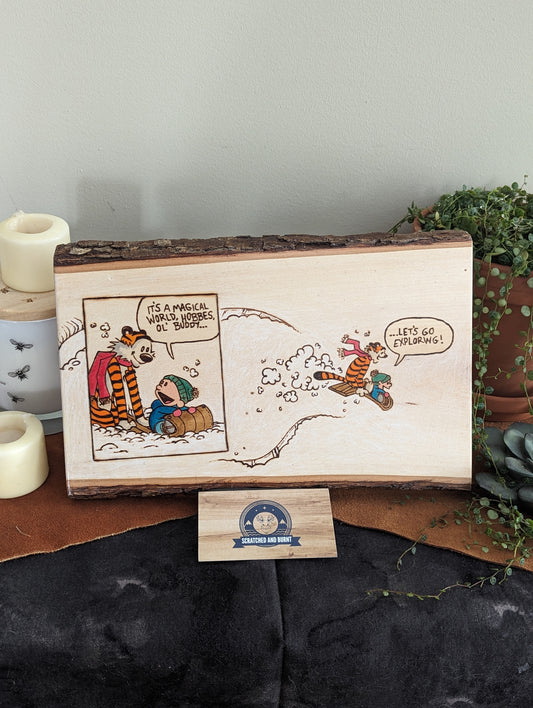 Calvin and Hobbes 'Let's Go Exploring!' Pyrography on Wood Canvas