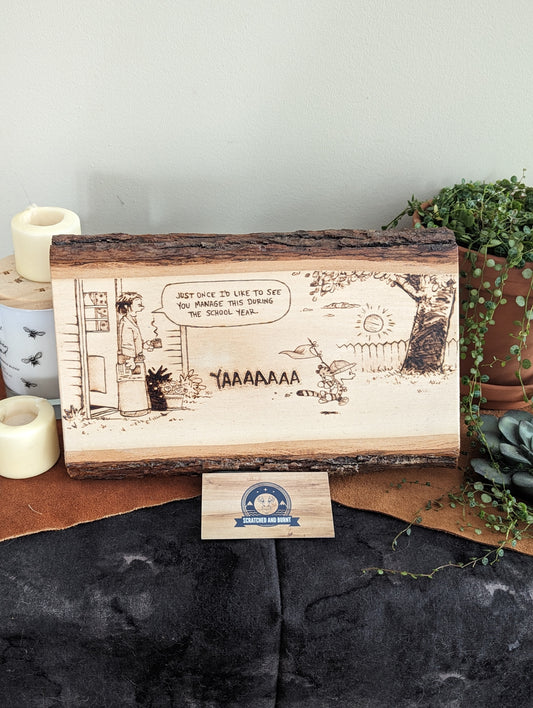 Calvin and Hobbes 'Summer Morning' Pyrography on Wood Canvas