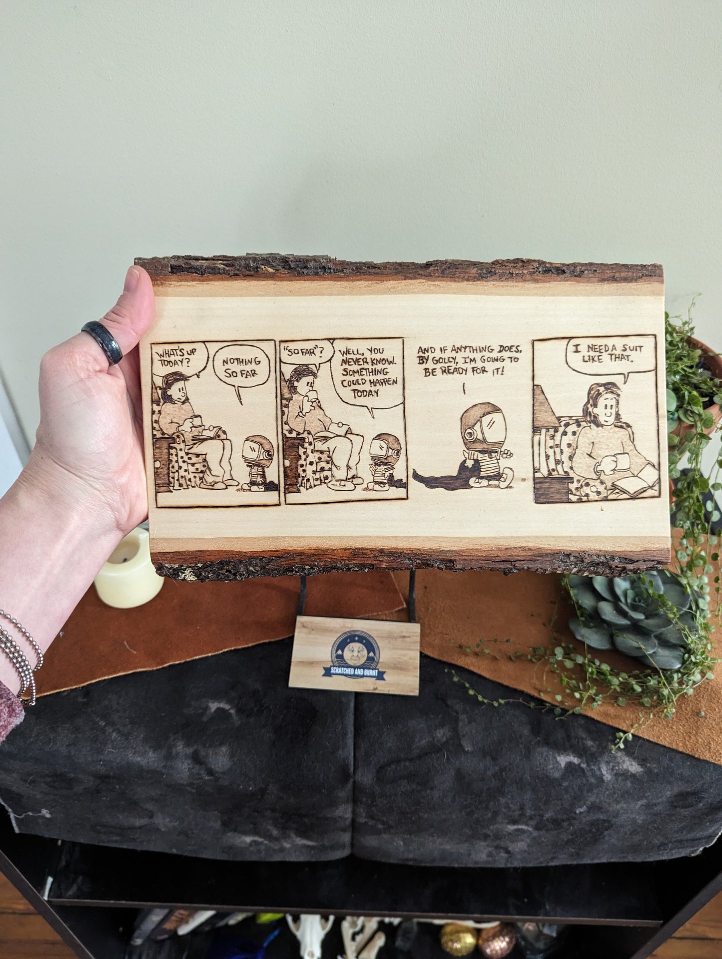Calvin and Hobbes 'Be Prepared For Anything' Pyrography on Wood Canvas