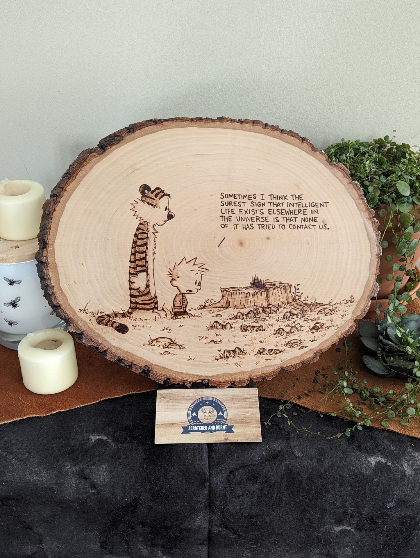 Calvin and Hobbes 'Intelligent Life Exists Elsewhere' Pyrography on Wood Canvas