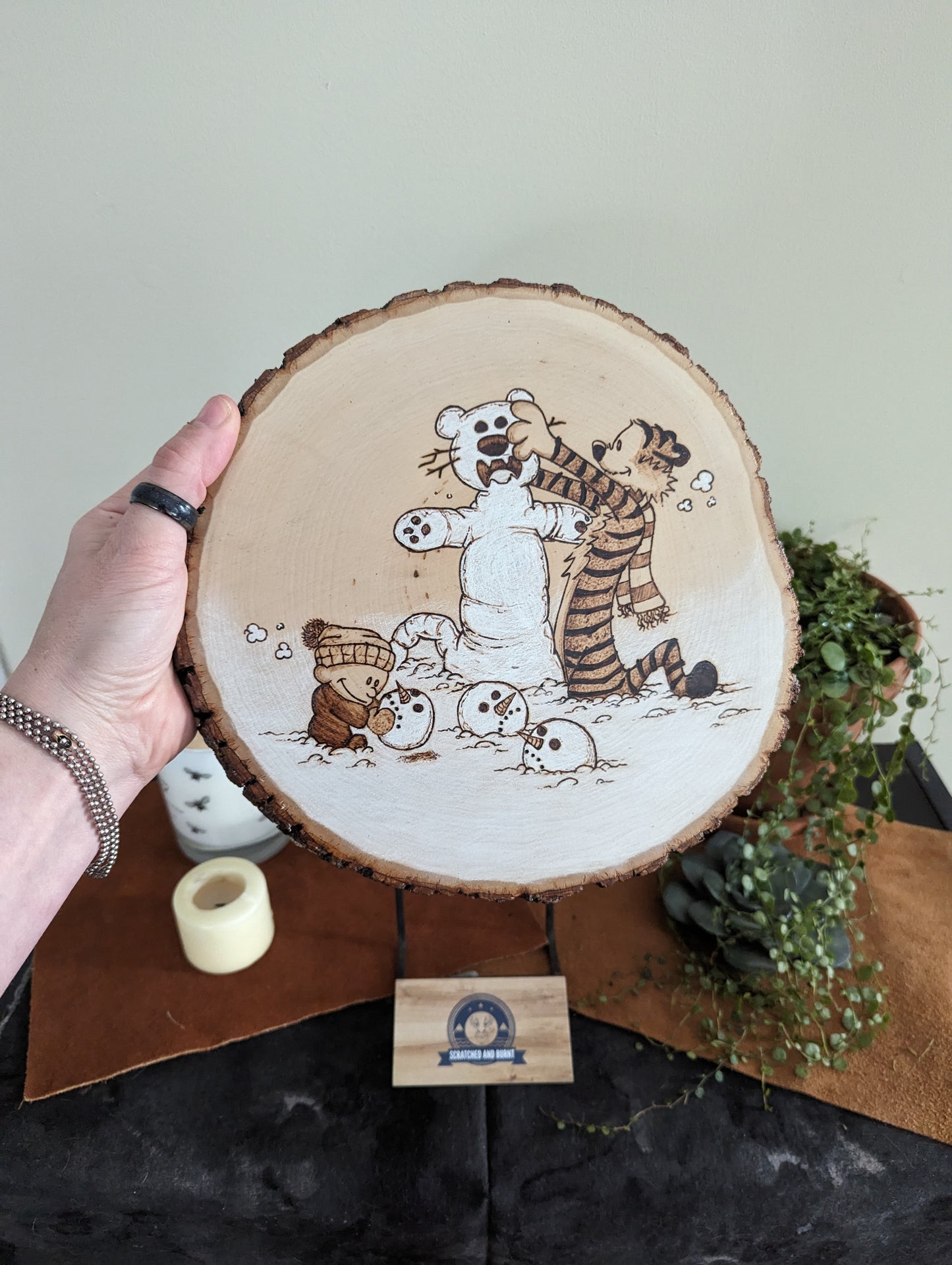 Calvin and Hobbes 'Building a Snowtiger' Pyrography on Wood Canvas