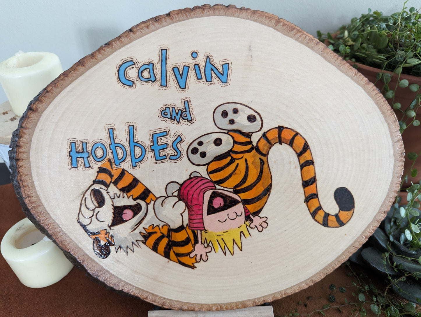 Calvin and Hobbes 'Laughing Friends' Pyrography on Wood Canvas