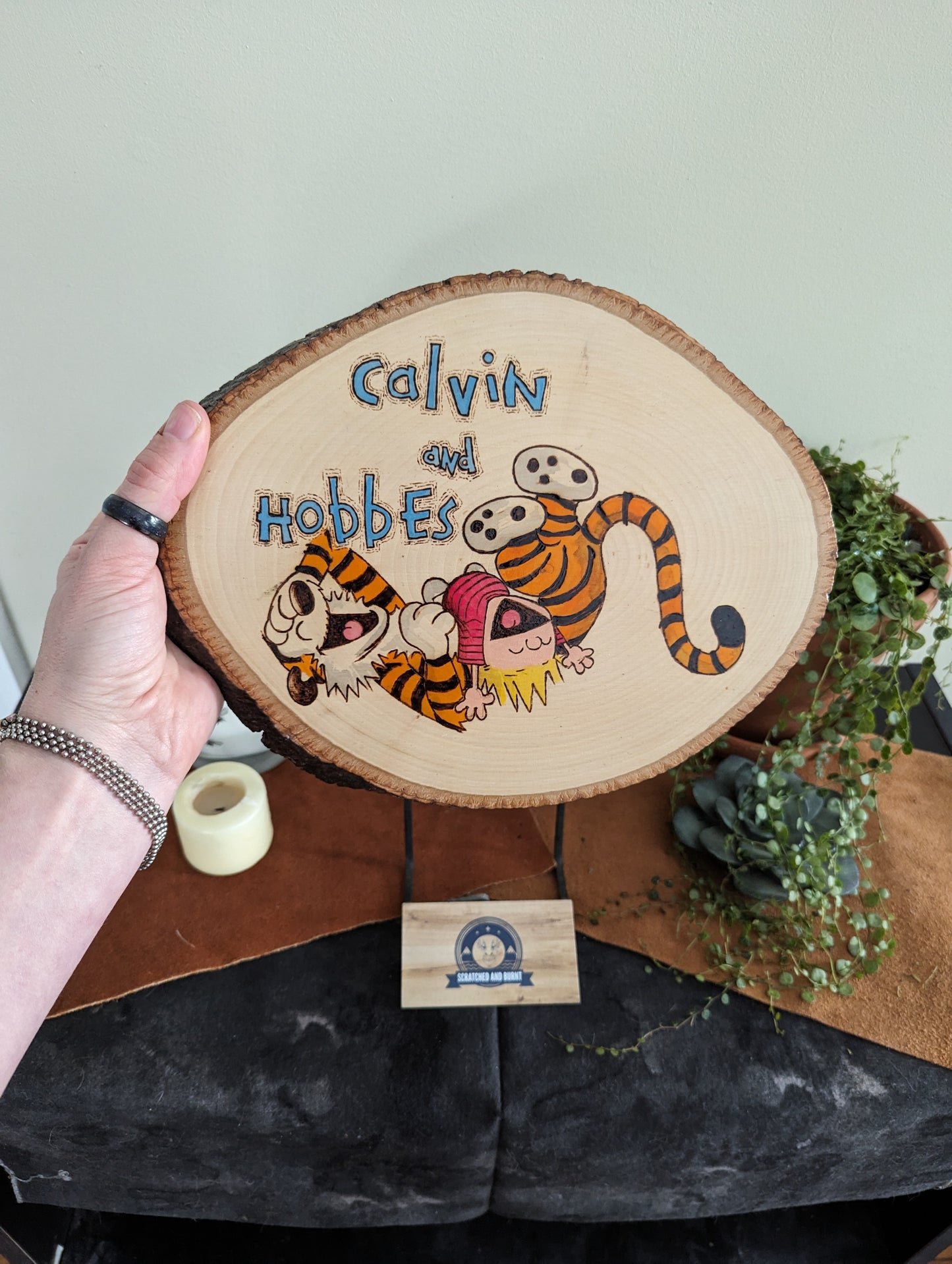 Calvin and Hobbes 'Laughing Friends' Pyrography on Wood Canvas