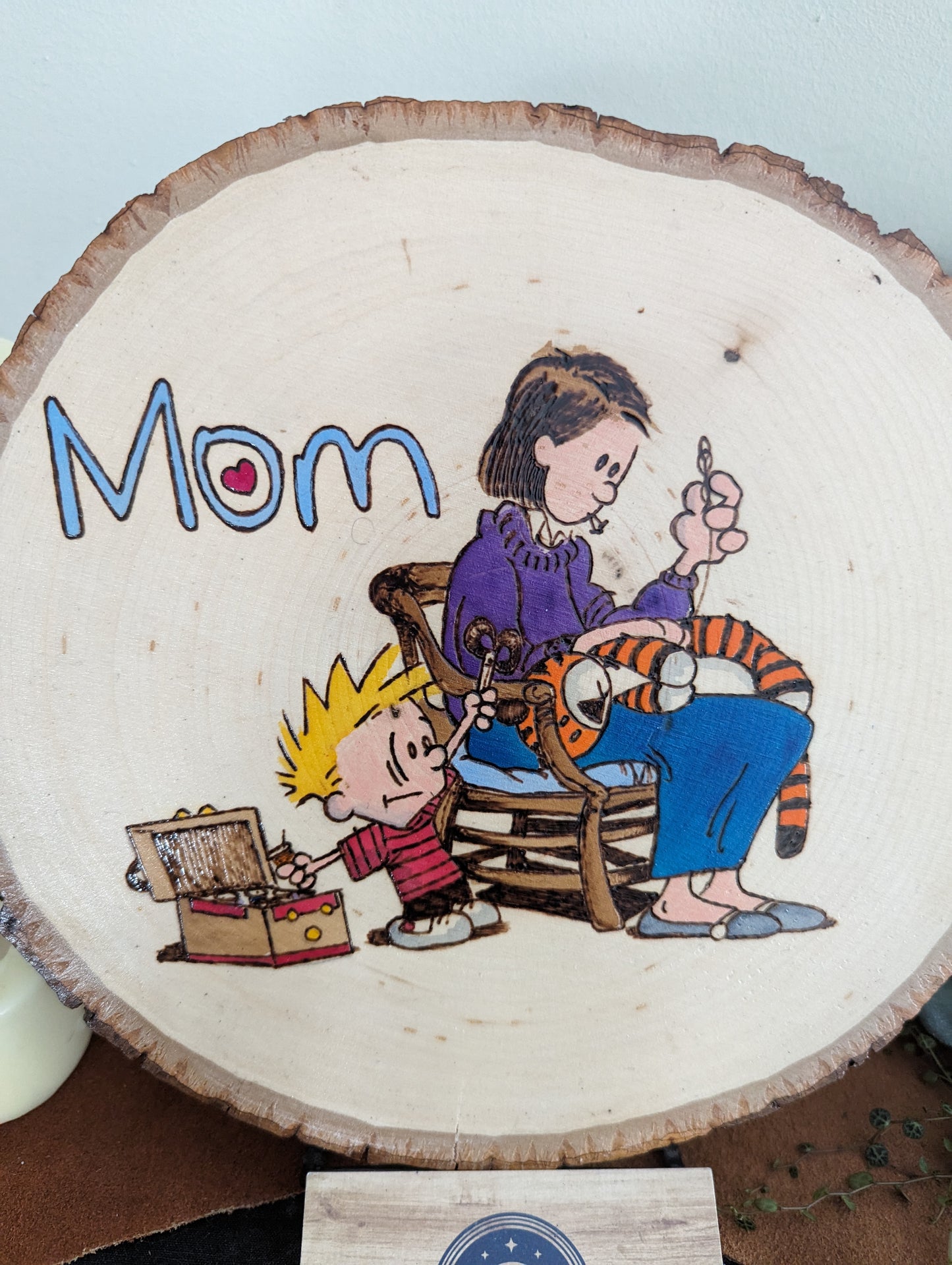 Calvin and Hobbes 'Doctor Mom' Pyrography on Wood Canvas
