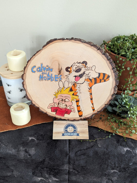 Calvin and Hobbes 'Making Faces' Pyrography on Wood Canvas