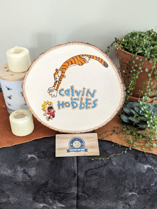 Calvin and Hobbes 'Tiger Attack!' Pyrography on Wood Canvas