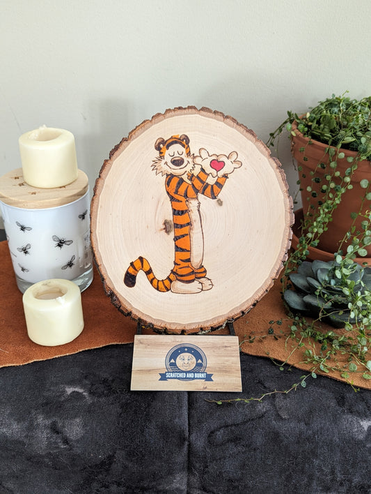 Calvin and Hobbes 'I Heart Hobbes' Pyrography on Wood Canvas