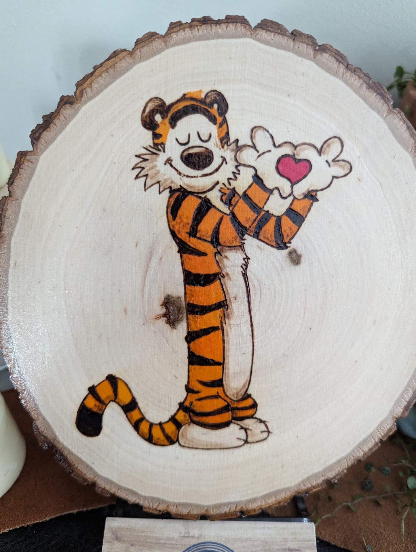 Calvin and Hobbes 'I Heart Hobbes' Pyrography on Wood Canvas