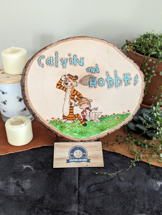 Calvin and Hobbes 'Seeking Adventure' Pyrography on Wood Canvas