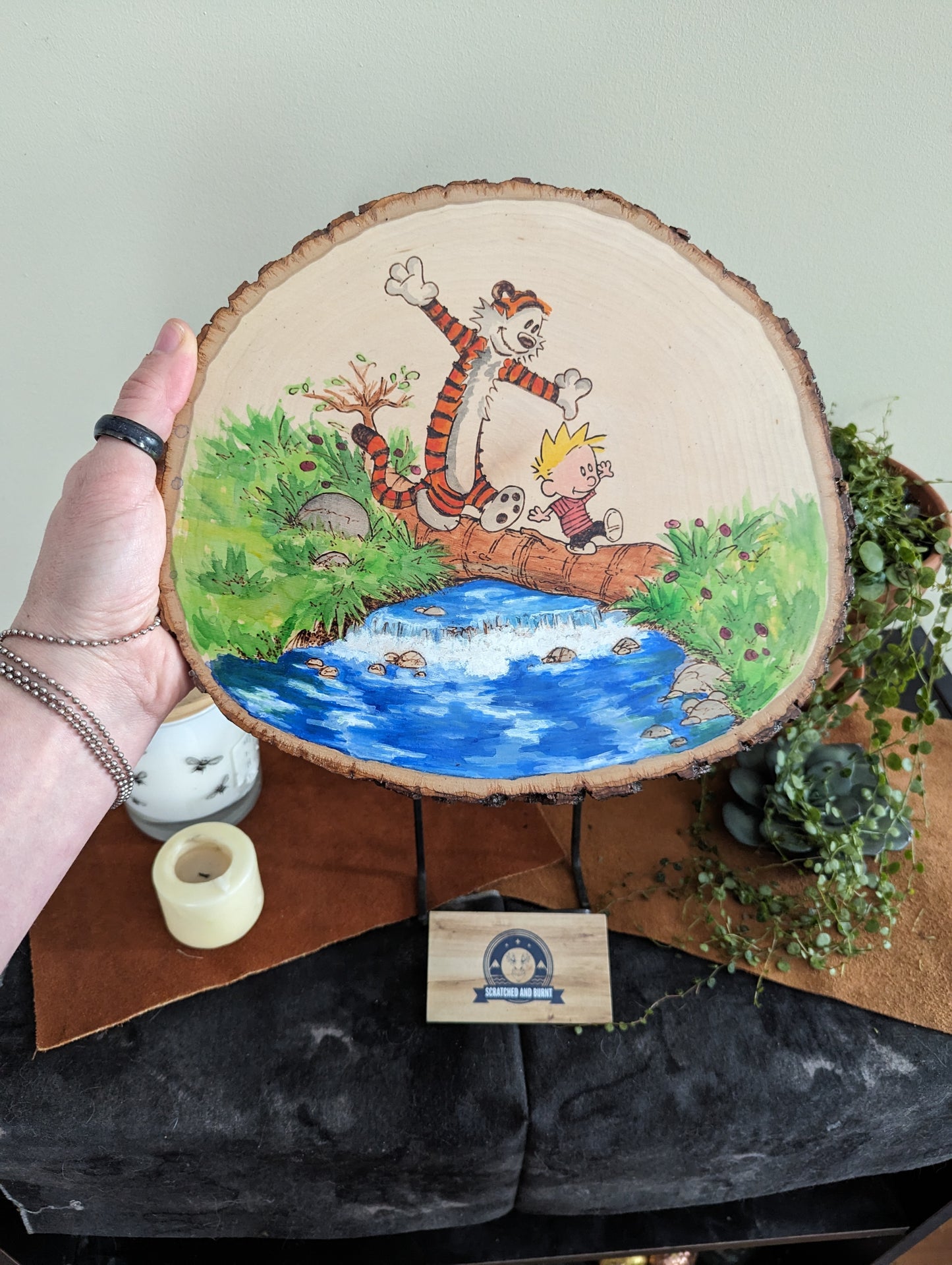 Calvin and Hobbes 'Walking on a Log' Pyrography on Wood Canvas