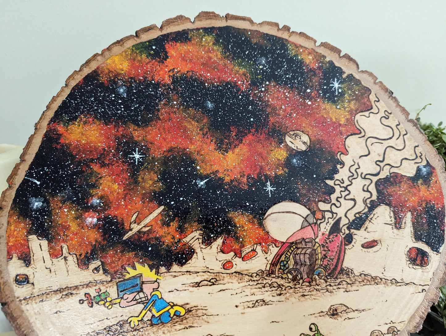 Calvin and Hobbes 'Space Man Spiff' Pyrography on Wood Canvas