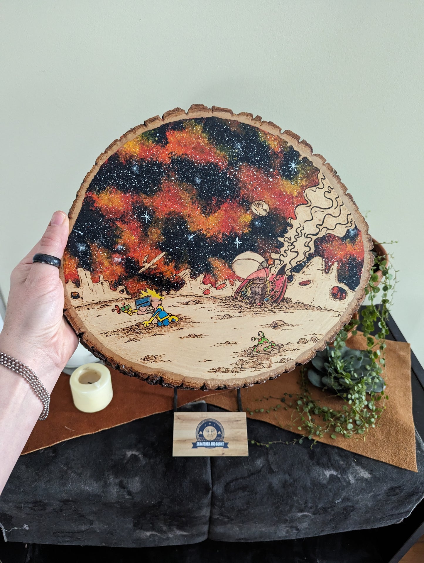 Calvin and Hobbes 'Space Man Spiff' Pyrography on Wood Canvas