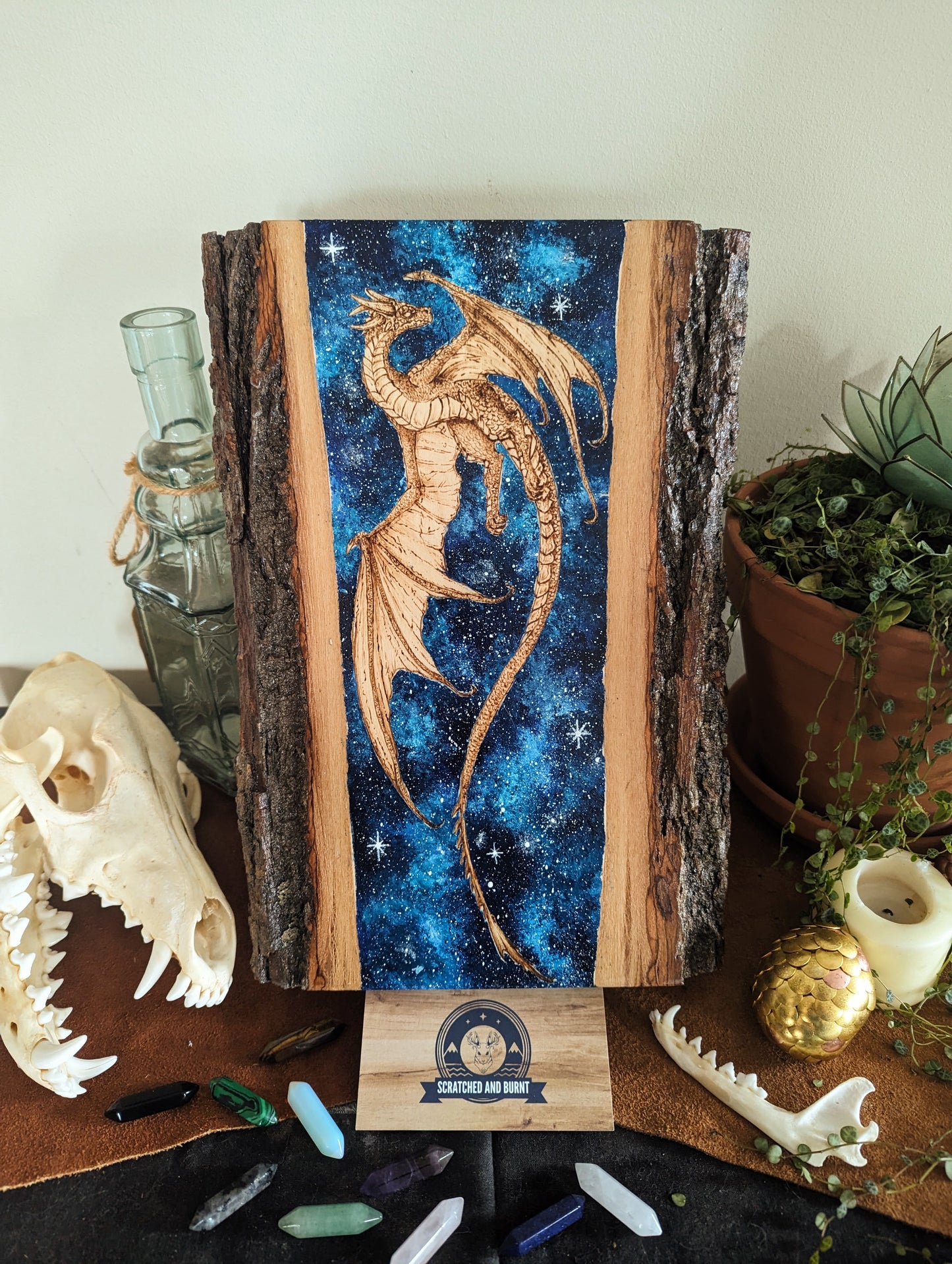 'Celestial Dragon Flight' Pyrography with Acrylics on Wood, Desk/Wall Art