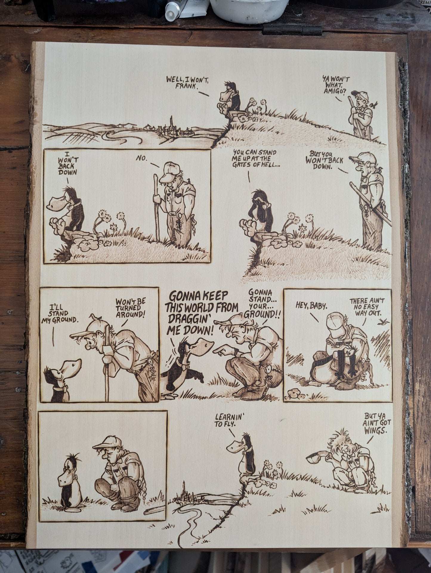 Custom Pyrography Piece, Berkeley Breathed's tribute to Tom Petty