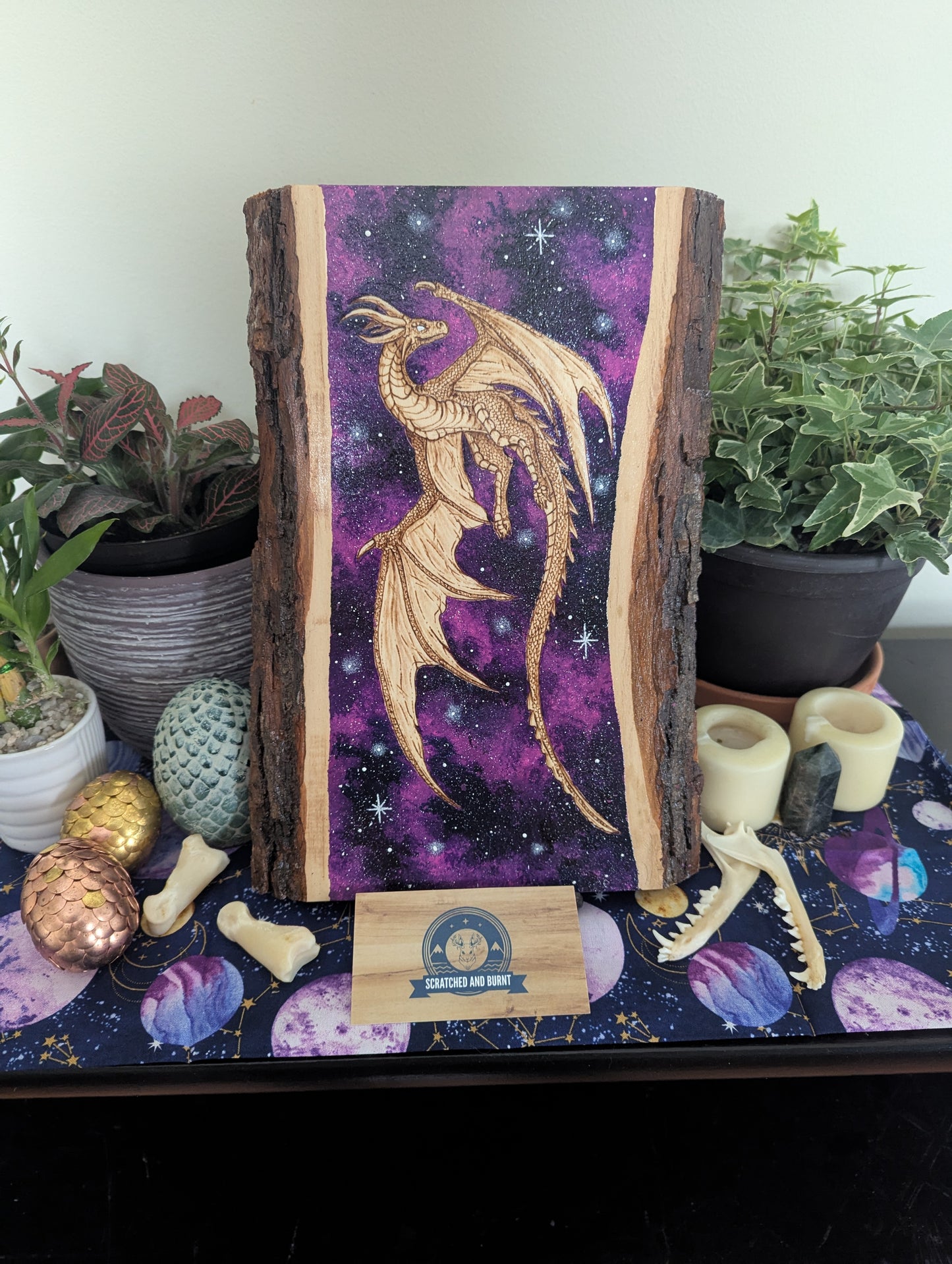 'Celestial Dragon Flight' Pyrography with Acrylics on Wood, Desk/Wall Art
