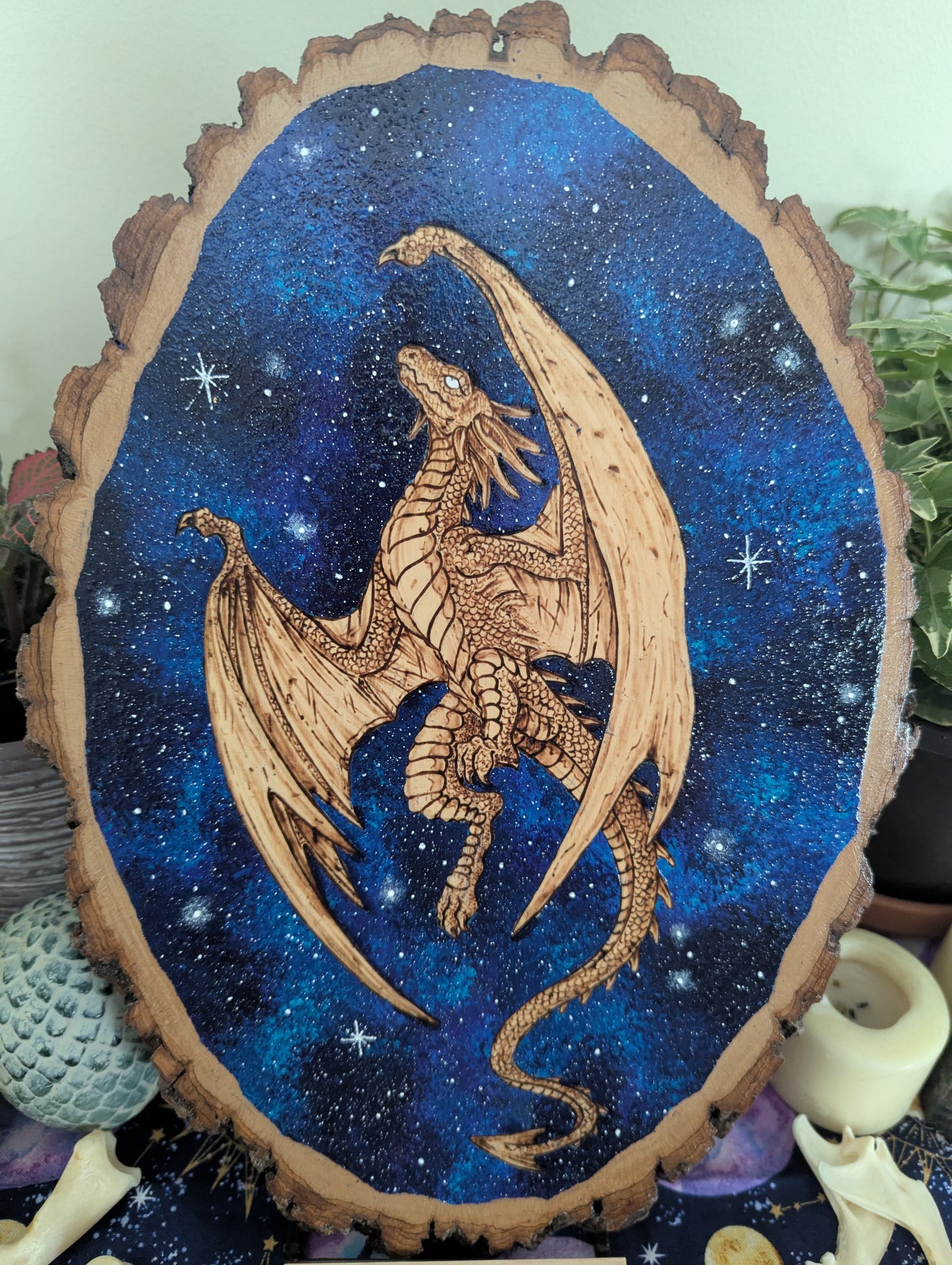 'Galaxy Dragon' Pyrography with Acrylics on Wood Desk/Wall Art