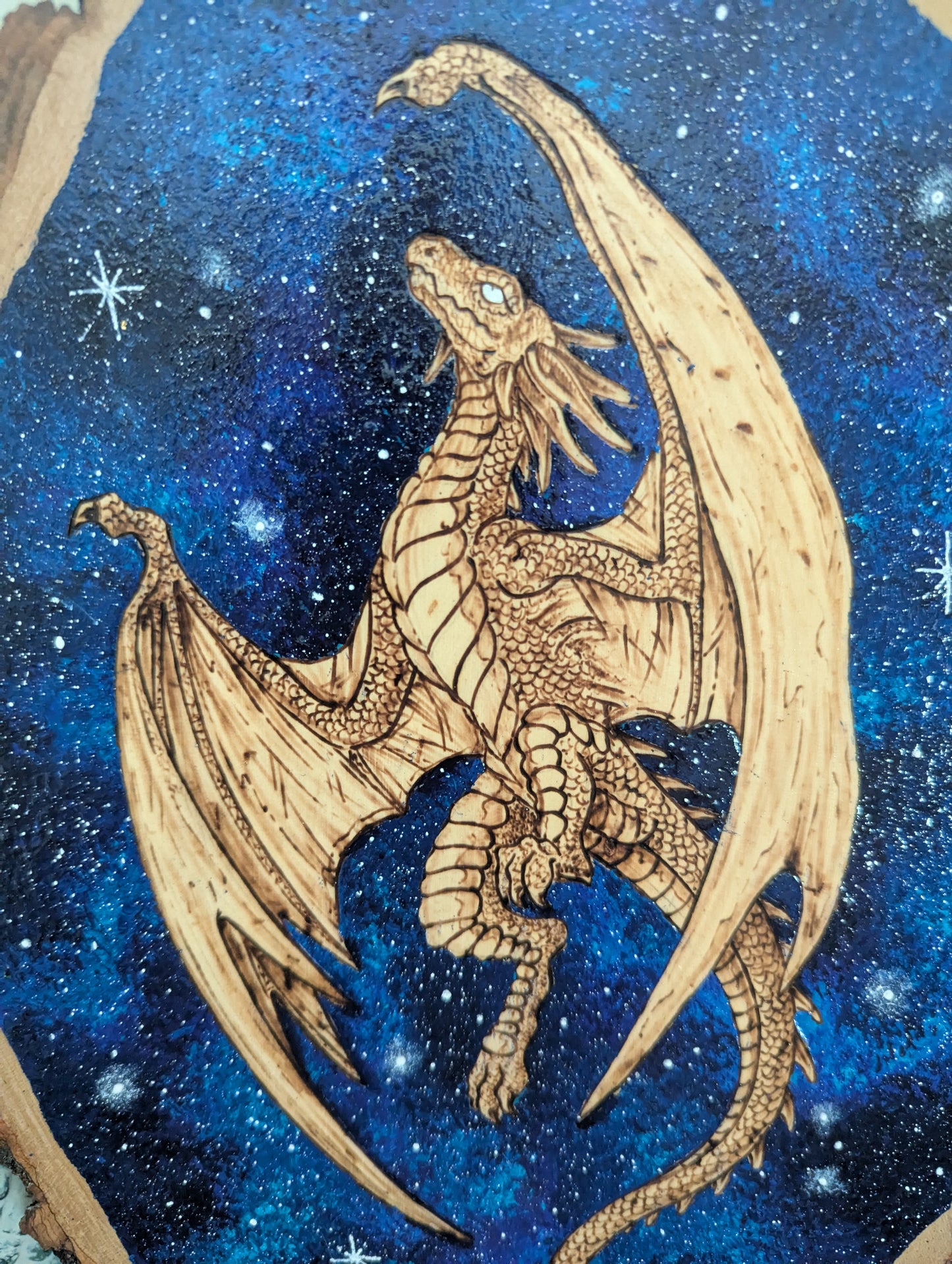 'Galaxy Dragon' Pyrography with Acrylics on Wood Desk/Wall Art