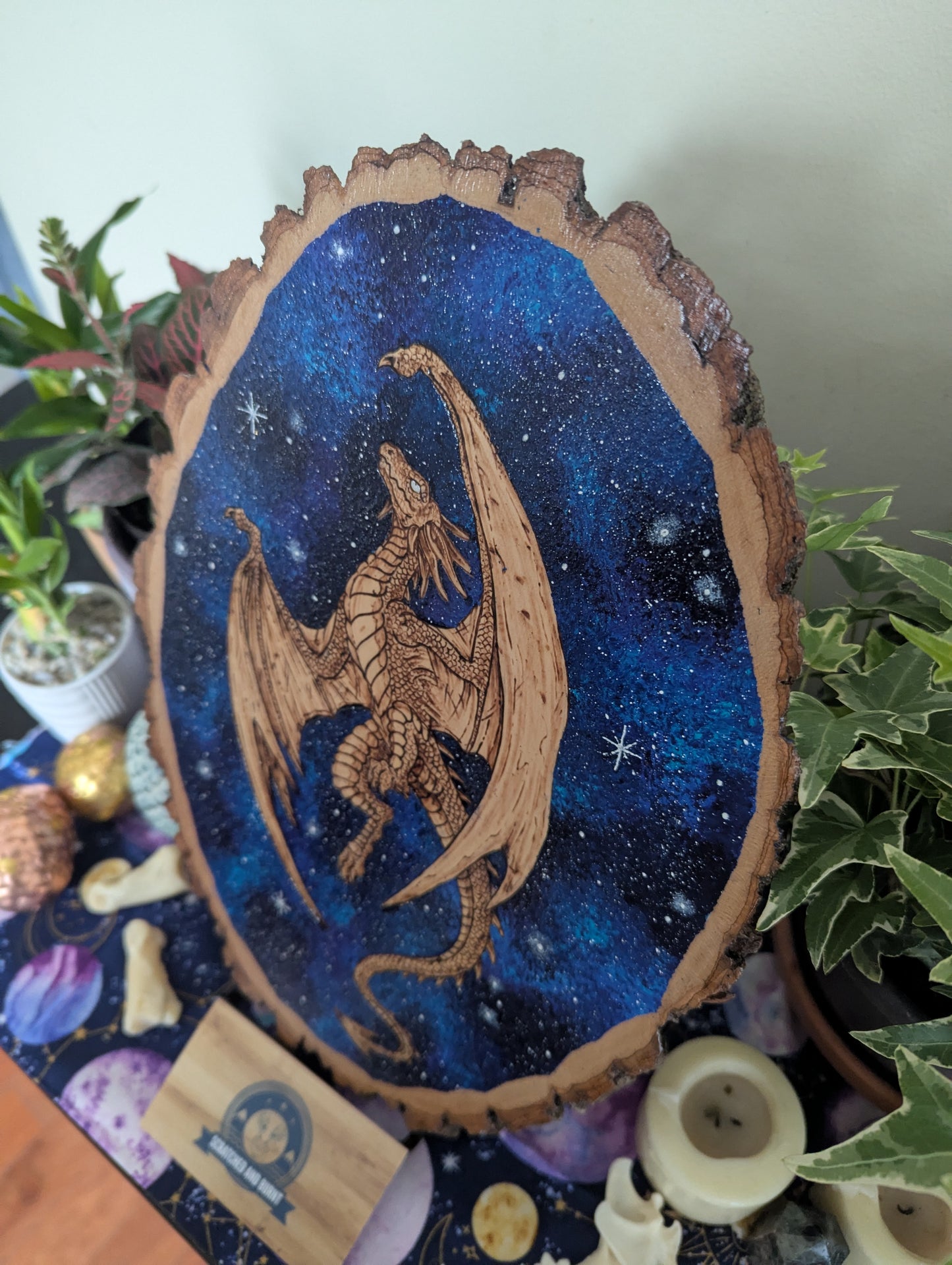 'Galaxy Dragon' Pyrography with Acrylics on Wood Desk/Wall Art