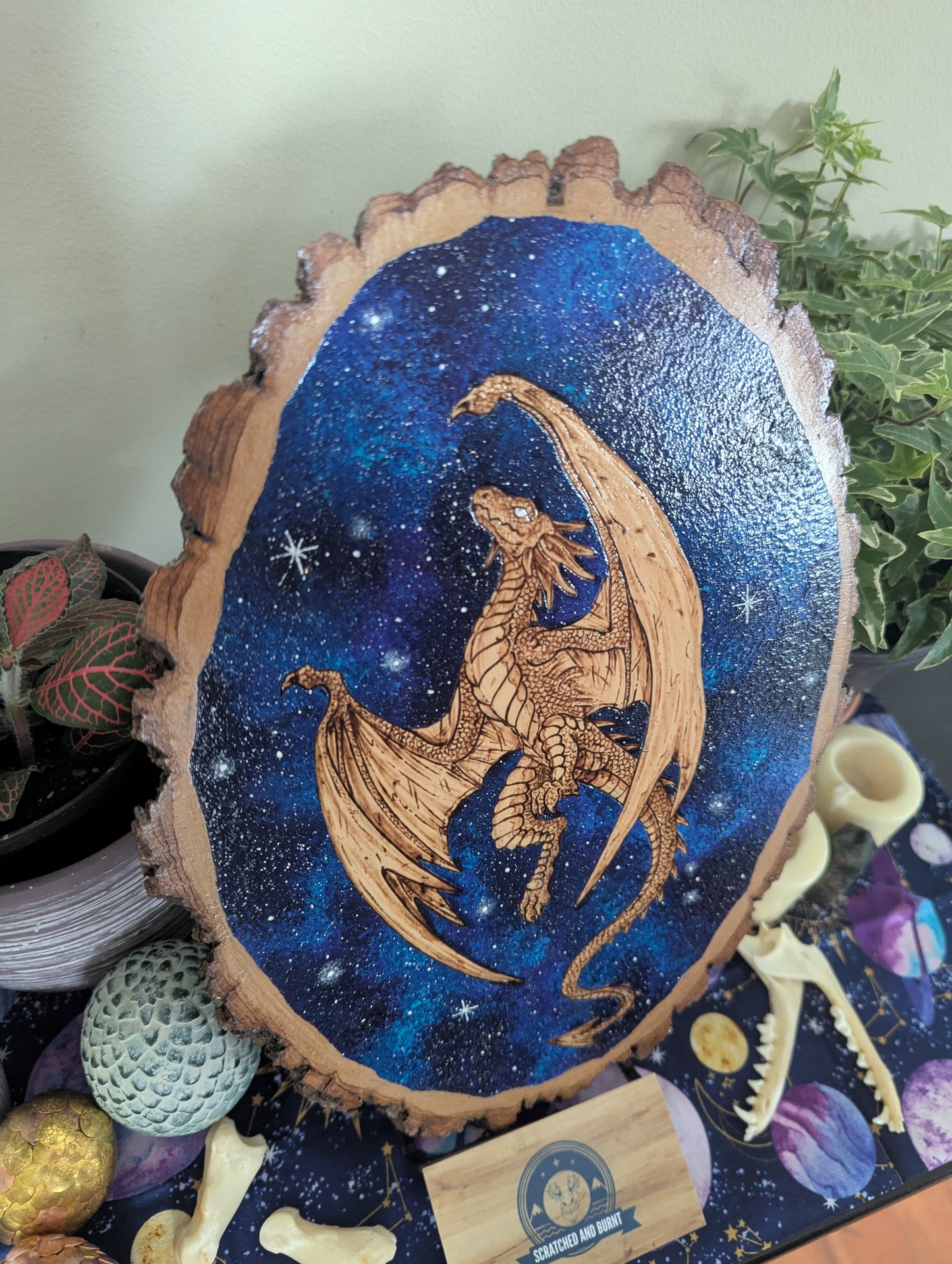 'Galaxy Dragon' Pyrography with Acrylics on Wood Desk/Wall Art