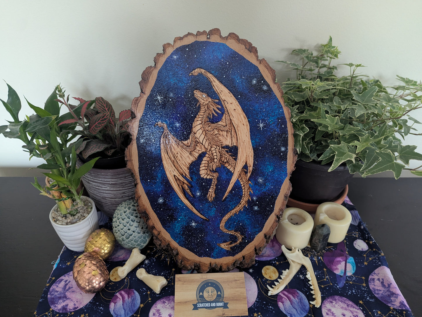 'Galaxy Dragon' Pyrography with Acrylics on Wood Desk/Wall Art