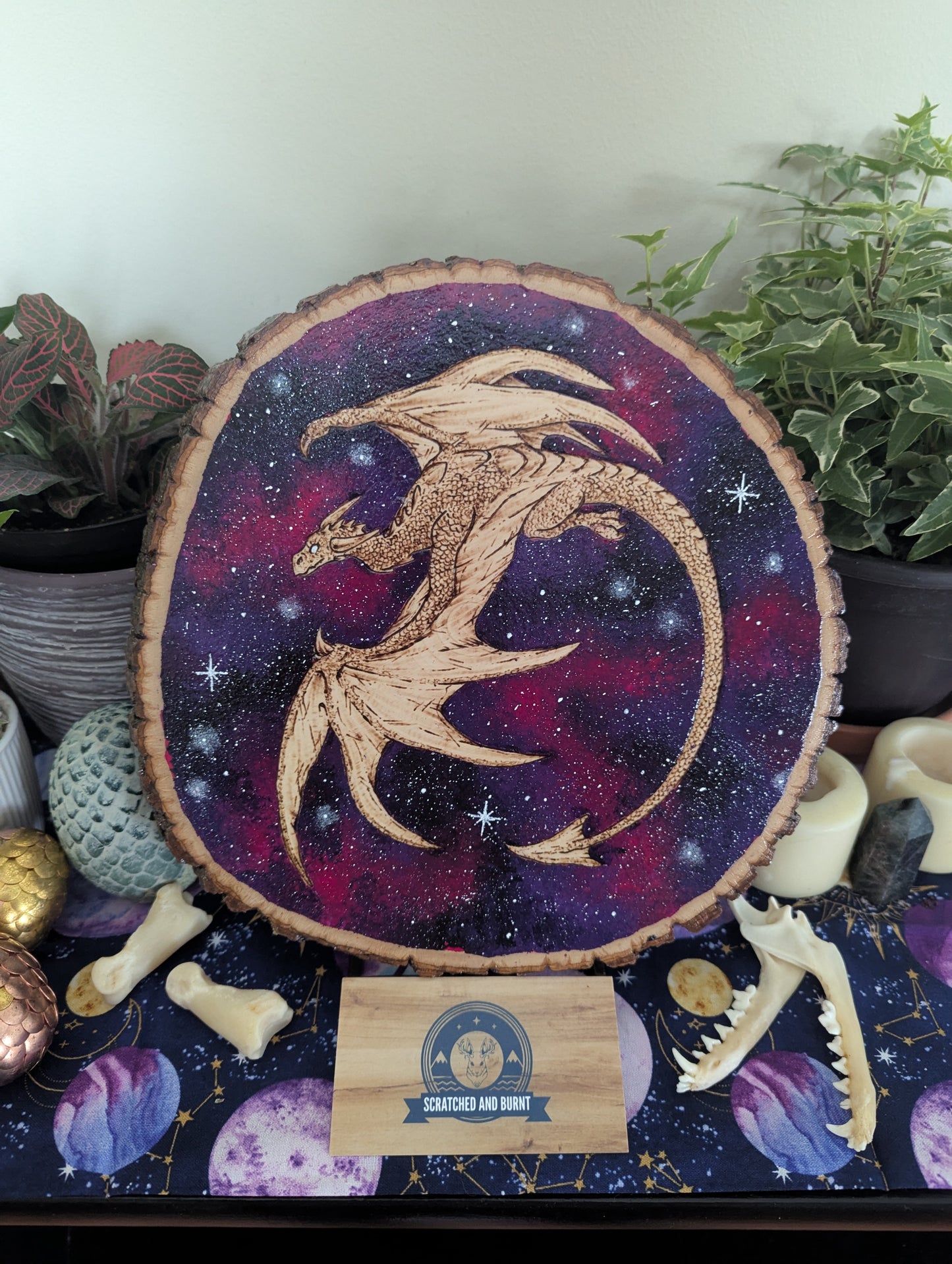 'Galaxy Dragon' Pyrography with Acrylics on Wood Desk/Wall Art