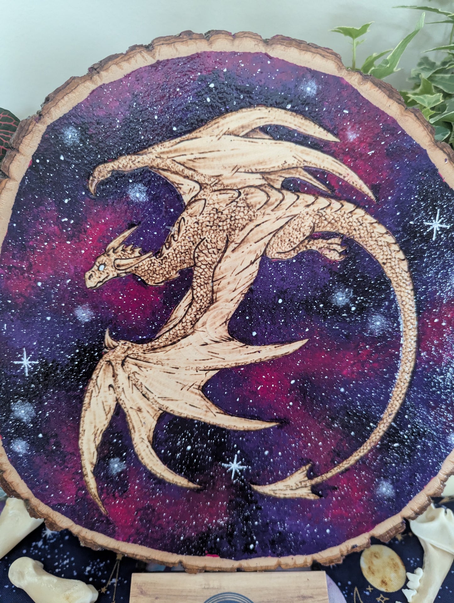 'Galaxy Dragon' Pyrography with Acrylics on Wood Desk/Wall Art